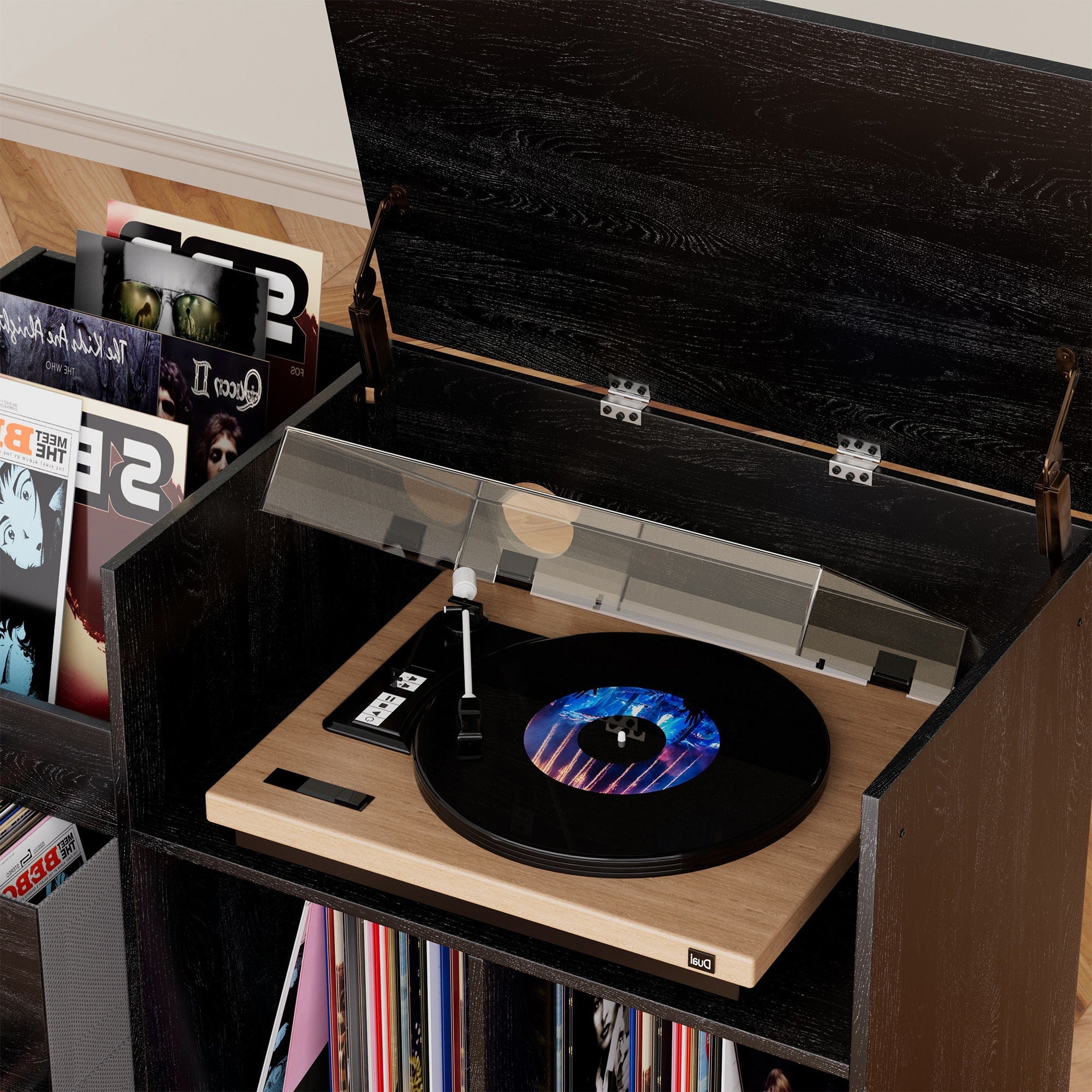Grain Record Player Stand, Media Console With Speaker Shelf & 2 Drawers