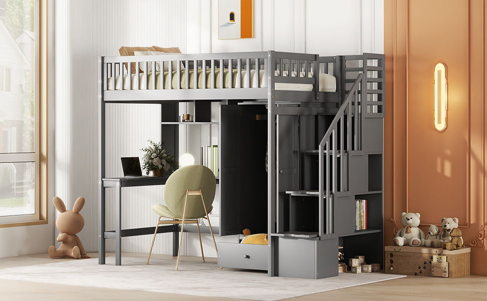 Loft Bed With Bookshelf, Drawers, Desk, And Wardrobe