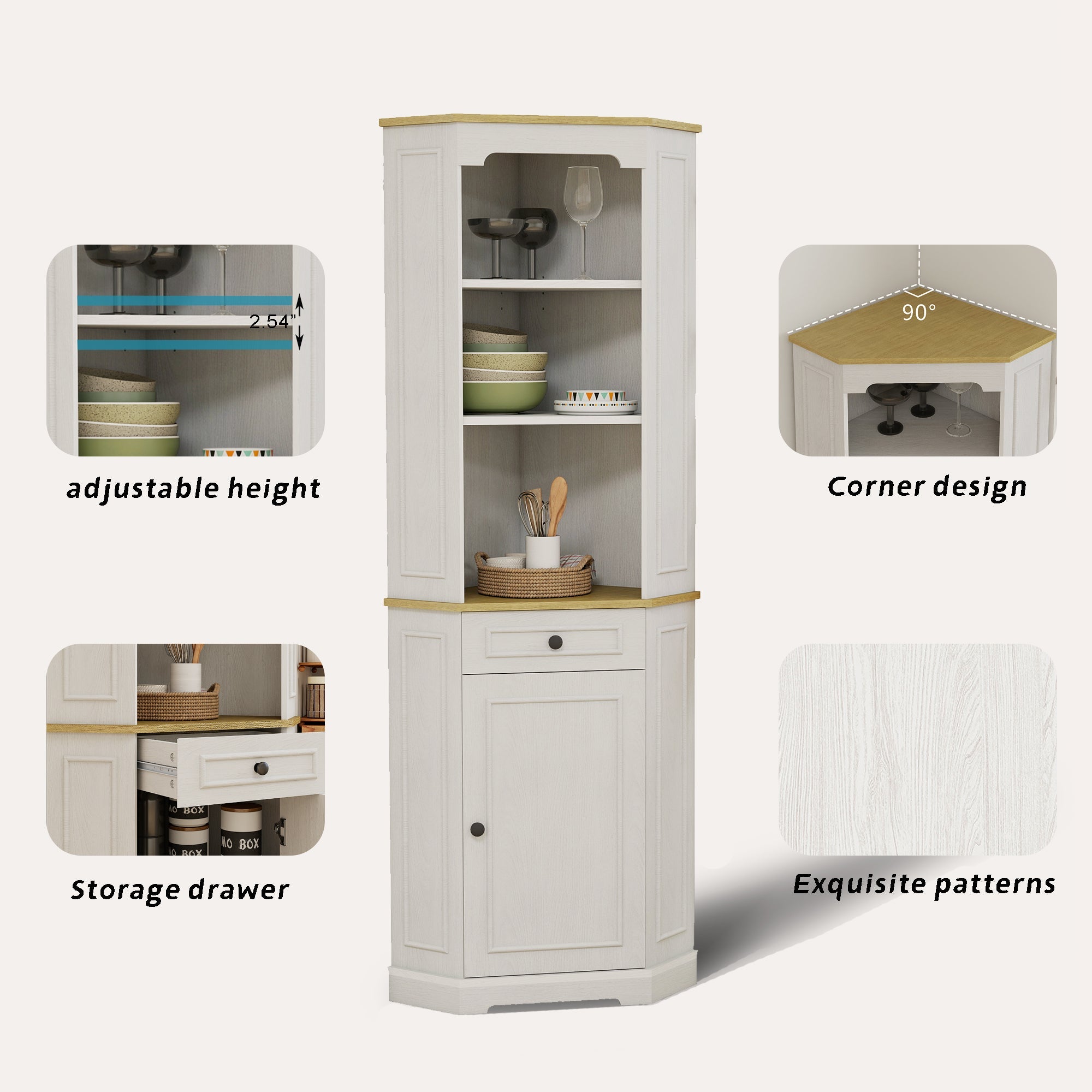 68" Tall Corner Cabinet with Door, Drawer, and Adjustable Shelf