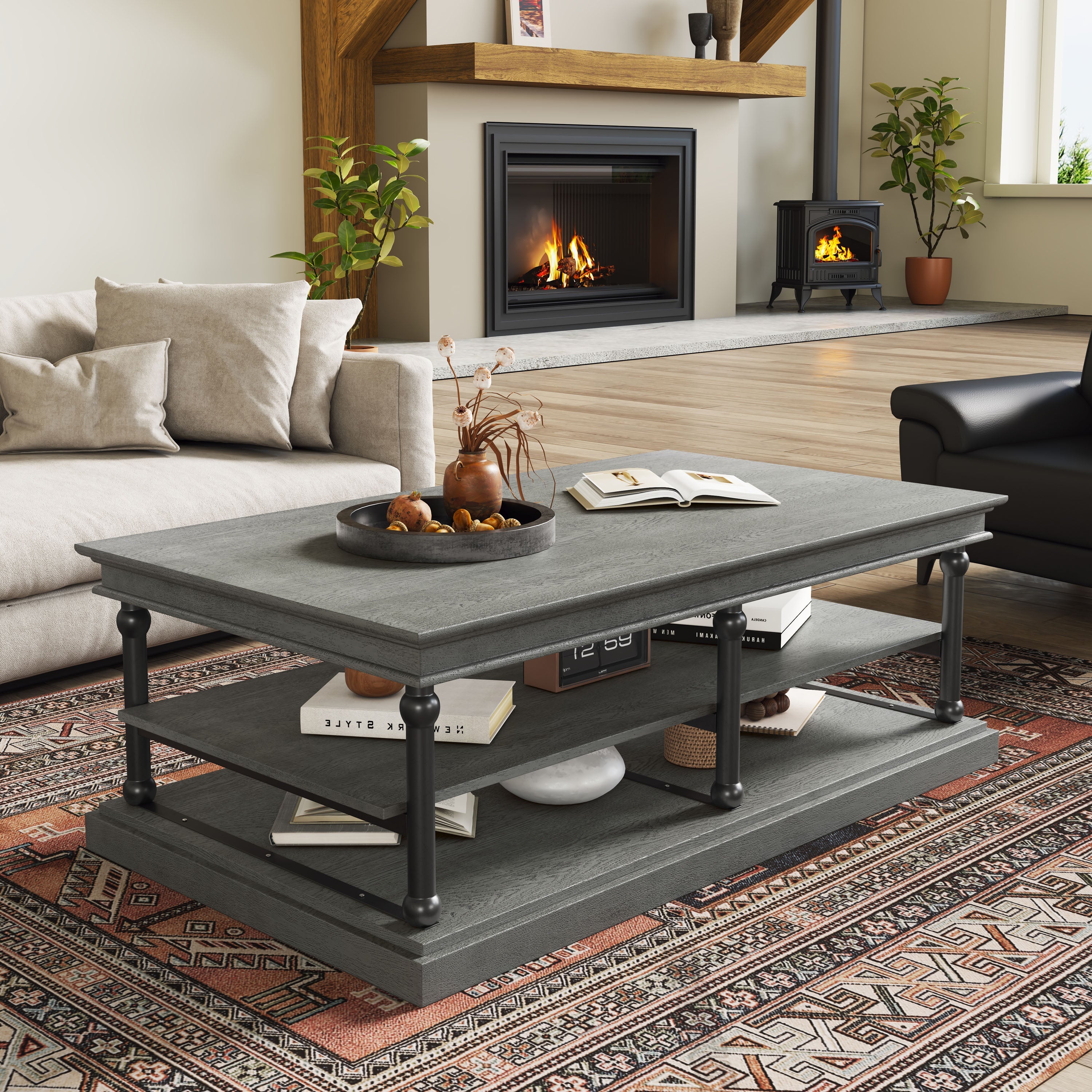 55.1" Wood Coffee Table with Storage Shelves