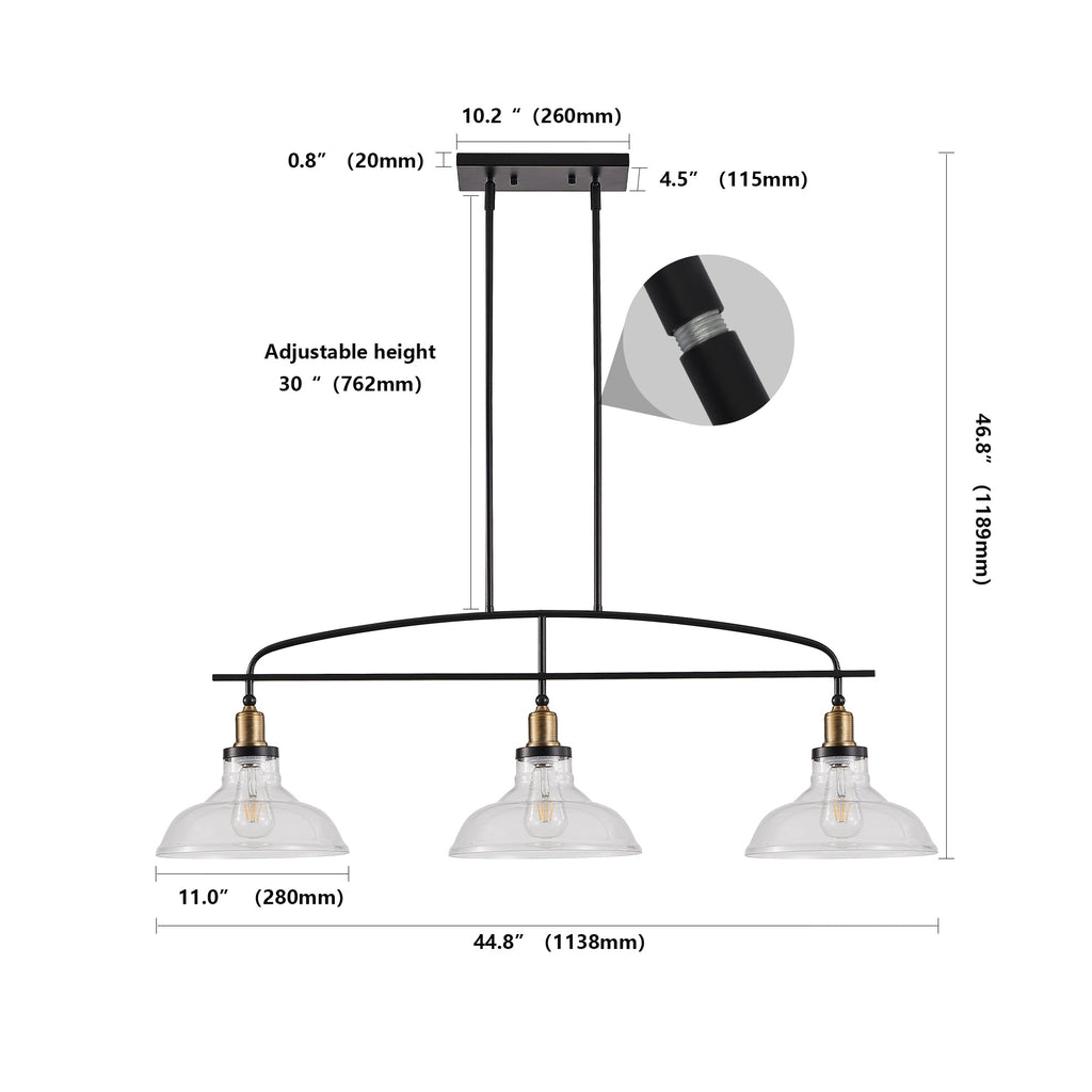 Industrial 3-Light Pendant Chandelier with Clear Glass Shades