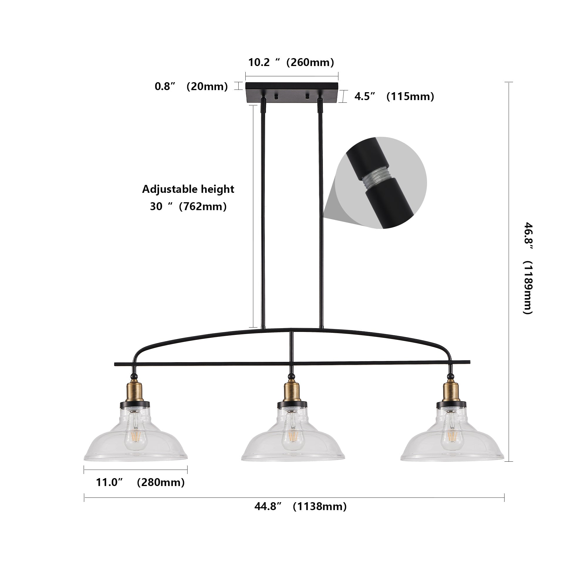 Industrial 3-Light Pendant Chandelier with Clear Glass Shades