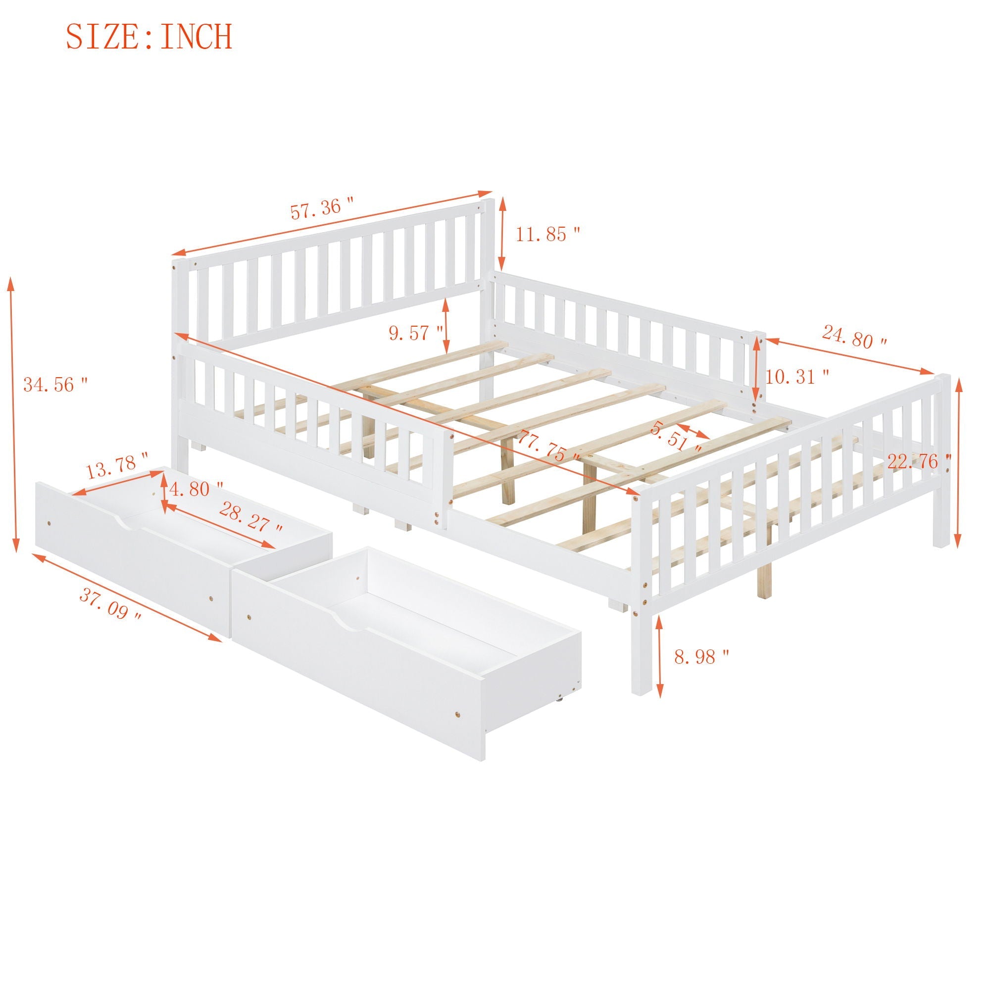 Platform Bed With Guardrails On Both Sides And 2 Storage Drawers