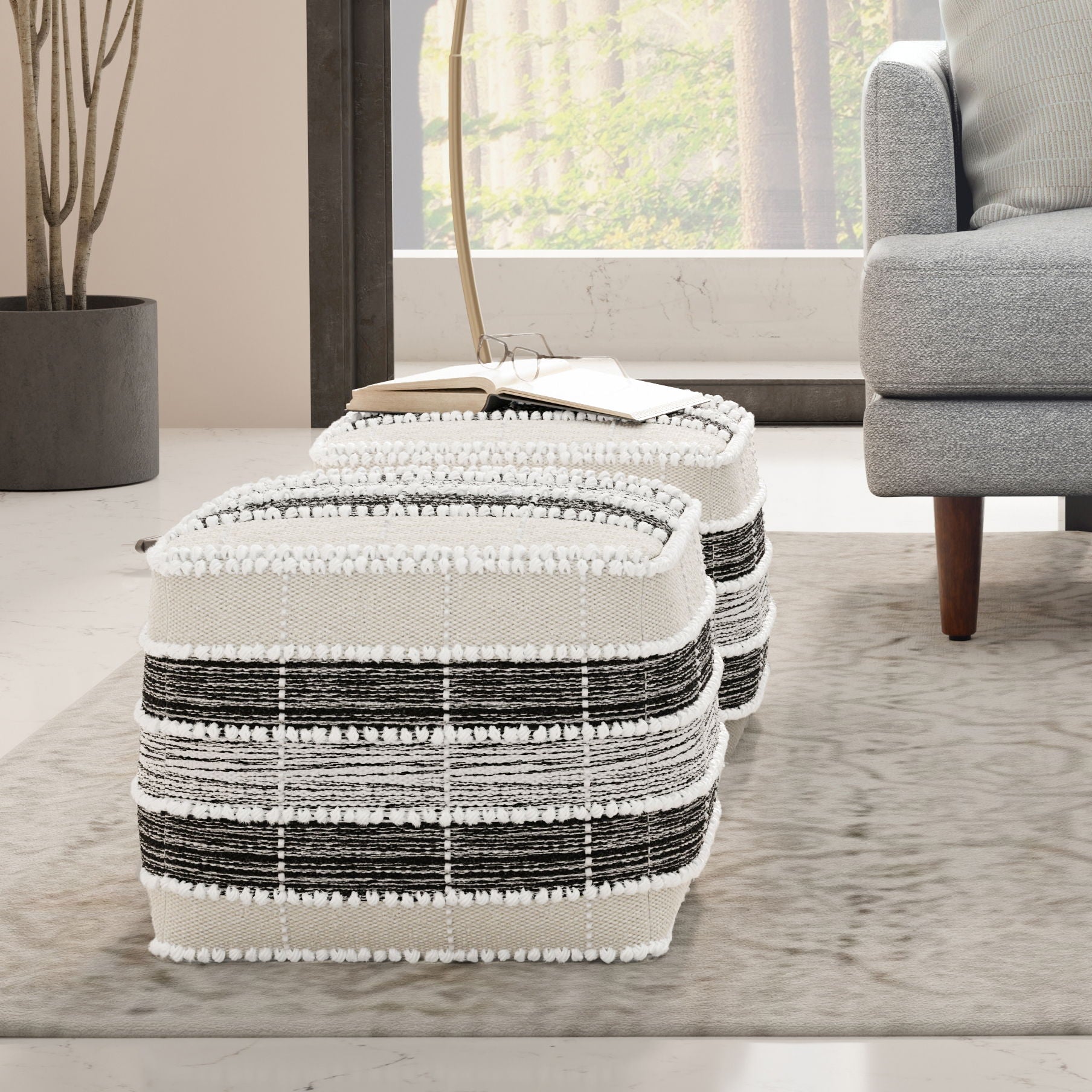 Barley - Square Pouf - White / Beige / Black