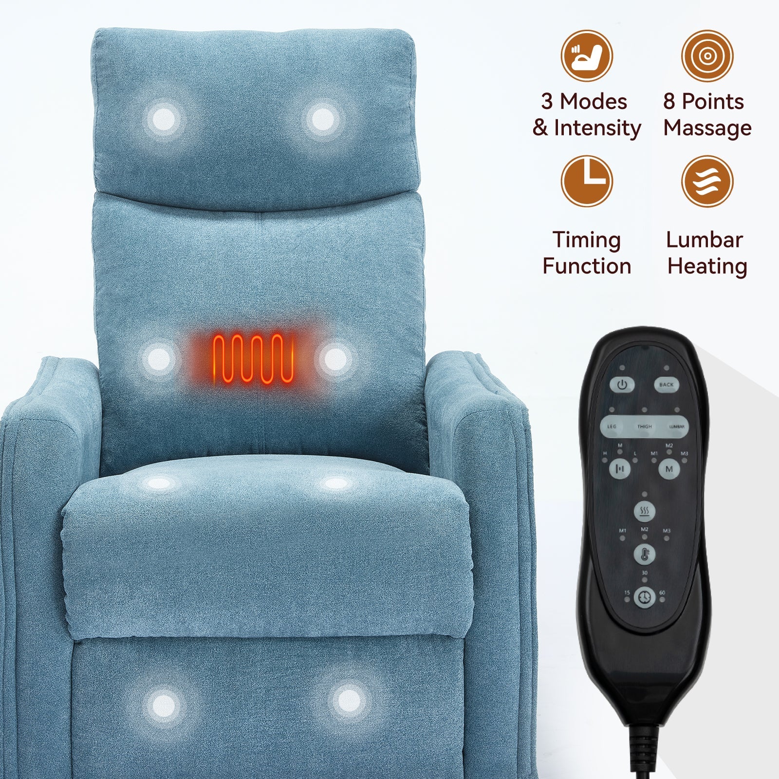 Heat Massage Manual Recliner Chair with Rocker and Swivel in Fabric for Living Room