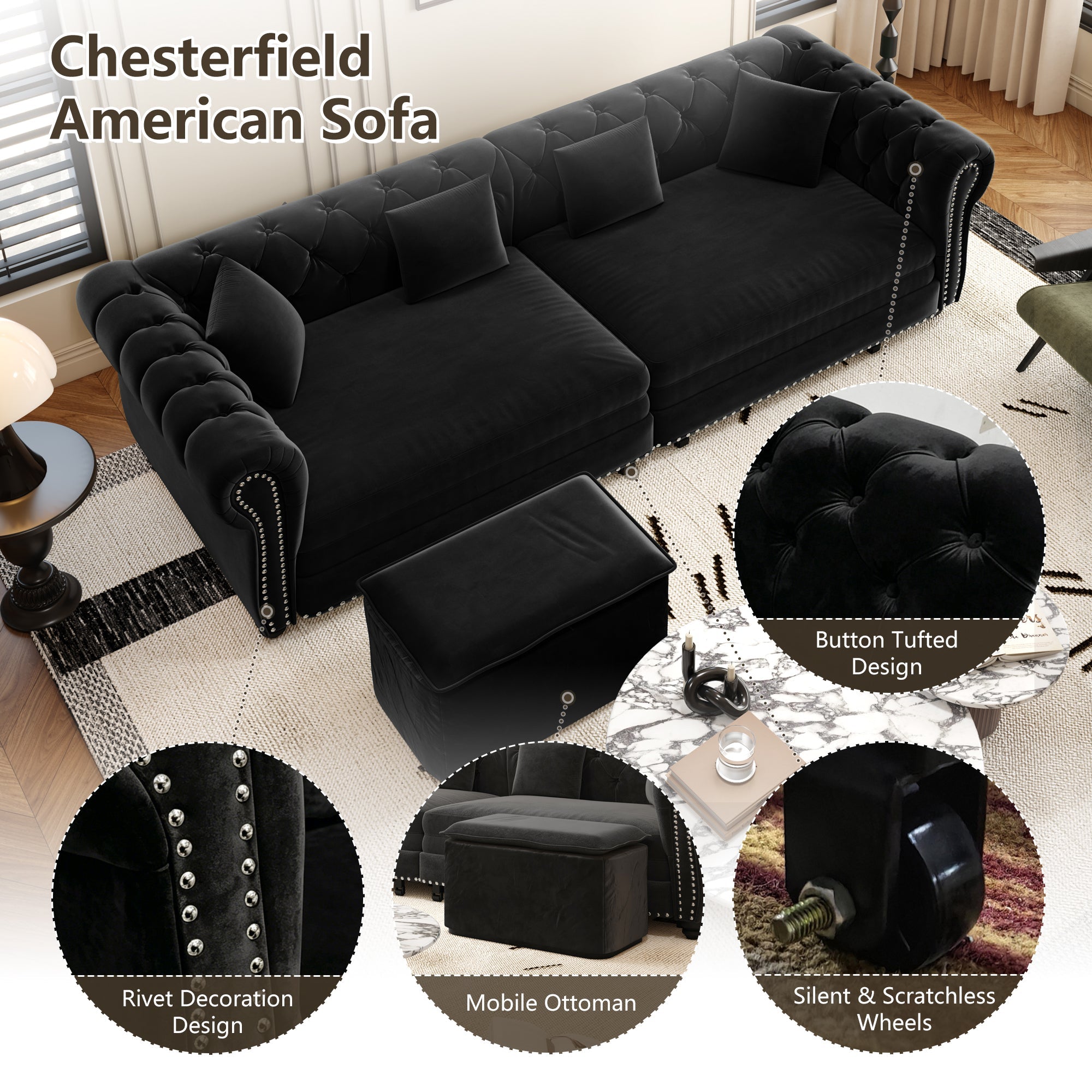 Chesterfield Sofa Bed - 3-in-1 Convertible Velvet Sofa