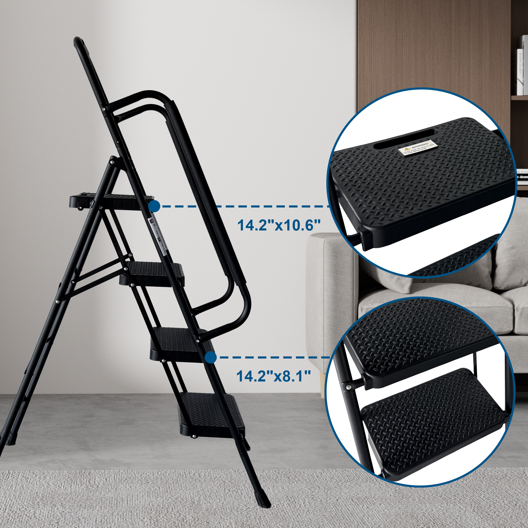 4 Step Folding Steel Ladder with Anti-Slip Pedals and Handrail