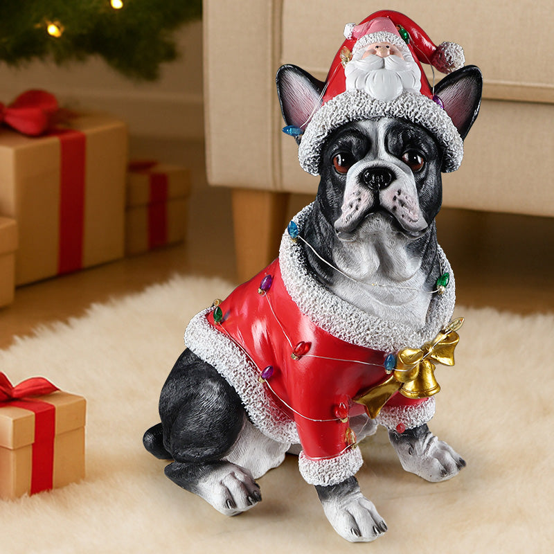 Christmas French Bulldog Statue, Holiday Dog Figurine in Santa Outfit
