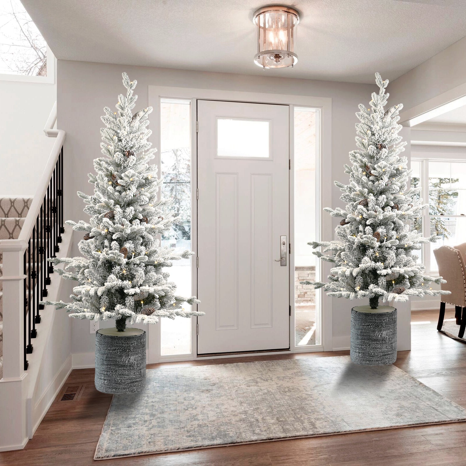 4.5FT Flocked Christmas Tree with Pot Base and LED Lights