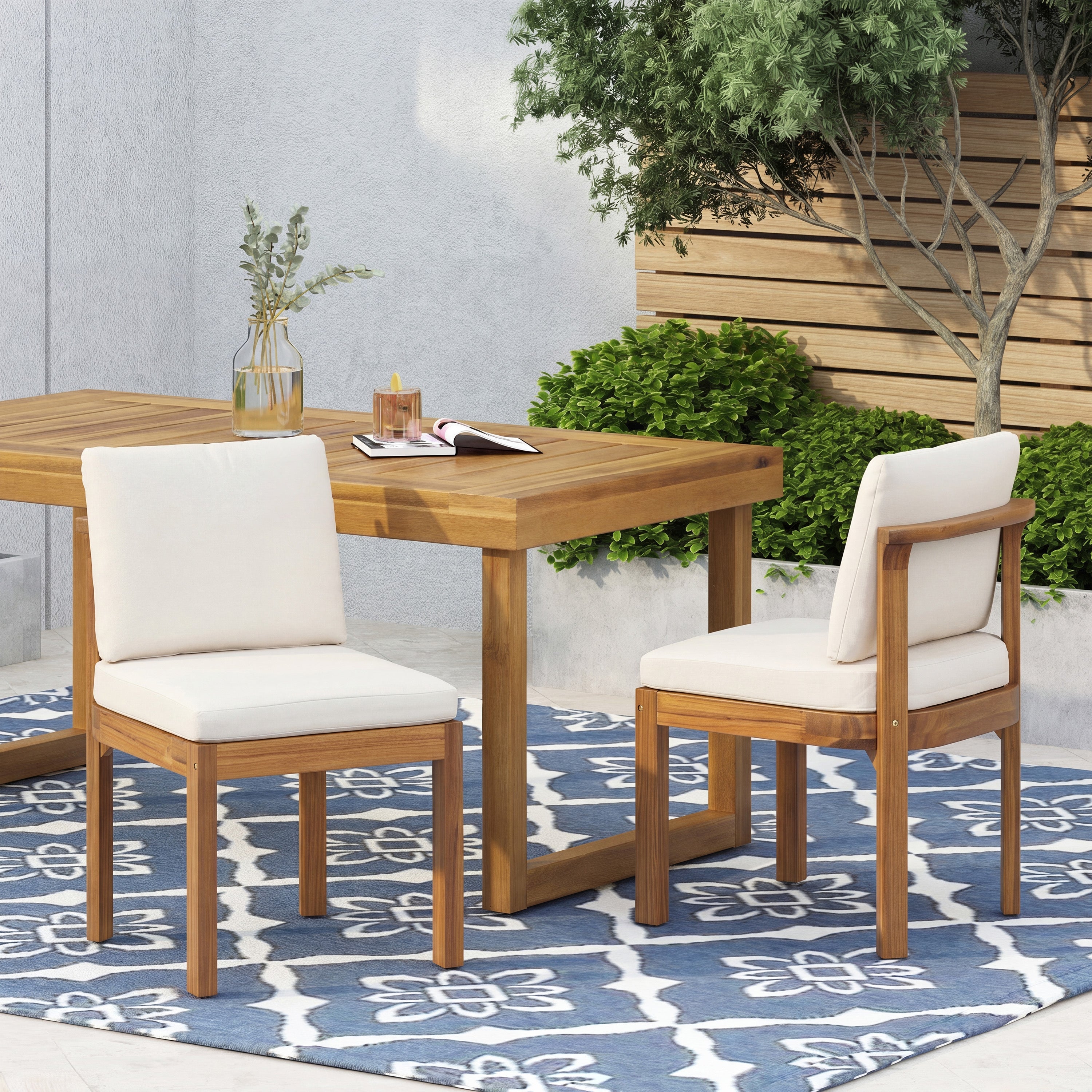 Acacia Wood Outdoor Dining Chair (Set of 2), Teak Finish Wood +