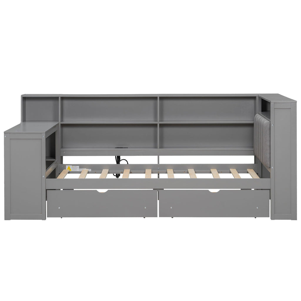 Platform Bed With Upholstered Headboard, Storage Shelves, Drawers, Charging Station, LED Lighting, Built In Desk