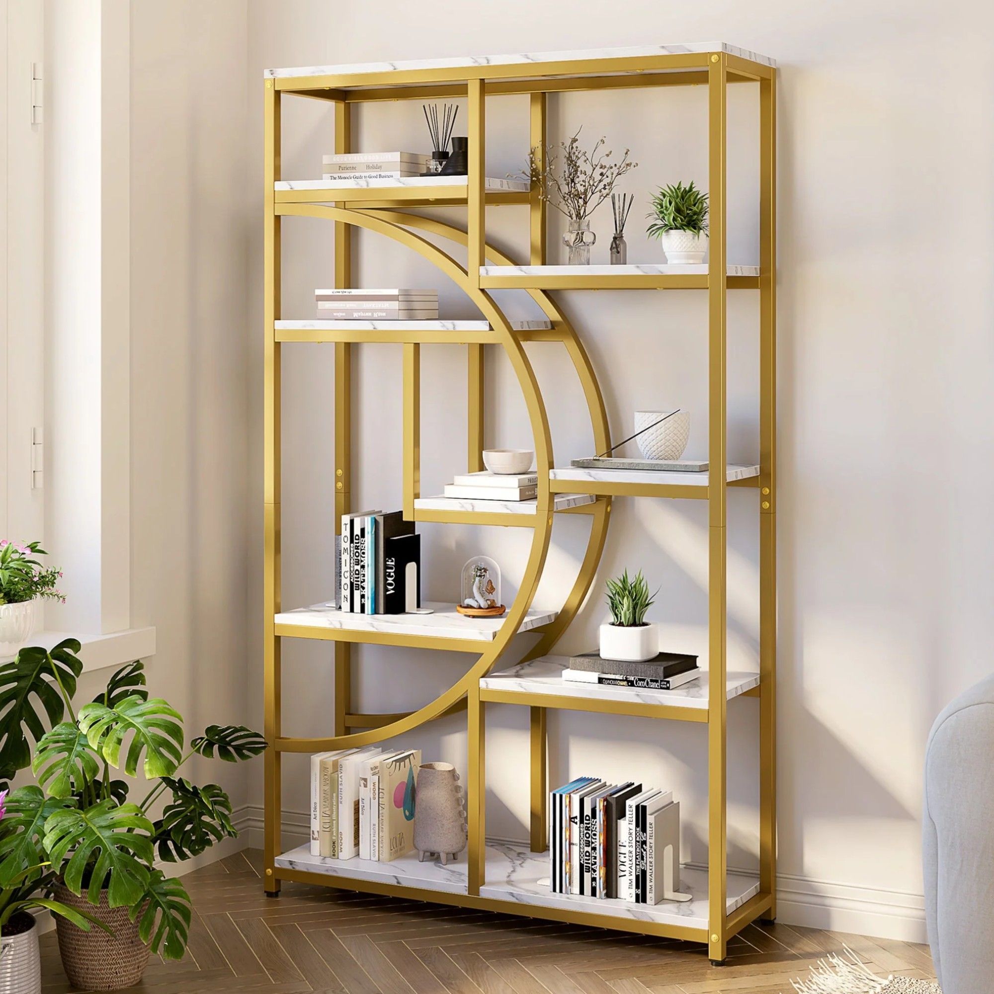 5 Tier Corner Etagere Bookshelf With 9 Open Shelves Storage Organizer For Living Room