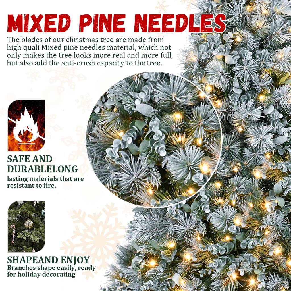 4FT Prelit Flocked Christmas Tree With Pine Needles & Eucalyptus Leaves