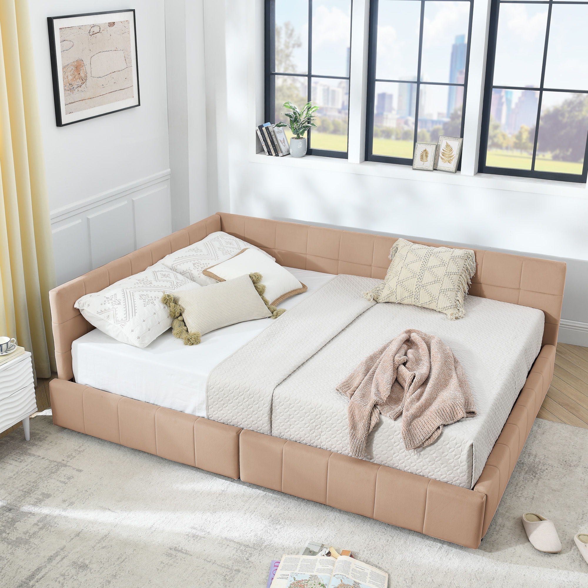 Mid-Century Storage Upholstered Tufted Bed Frame With Backrest And Armrests