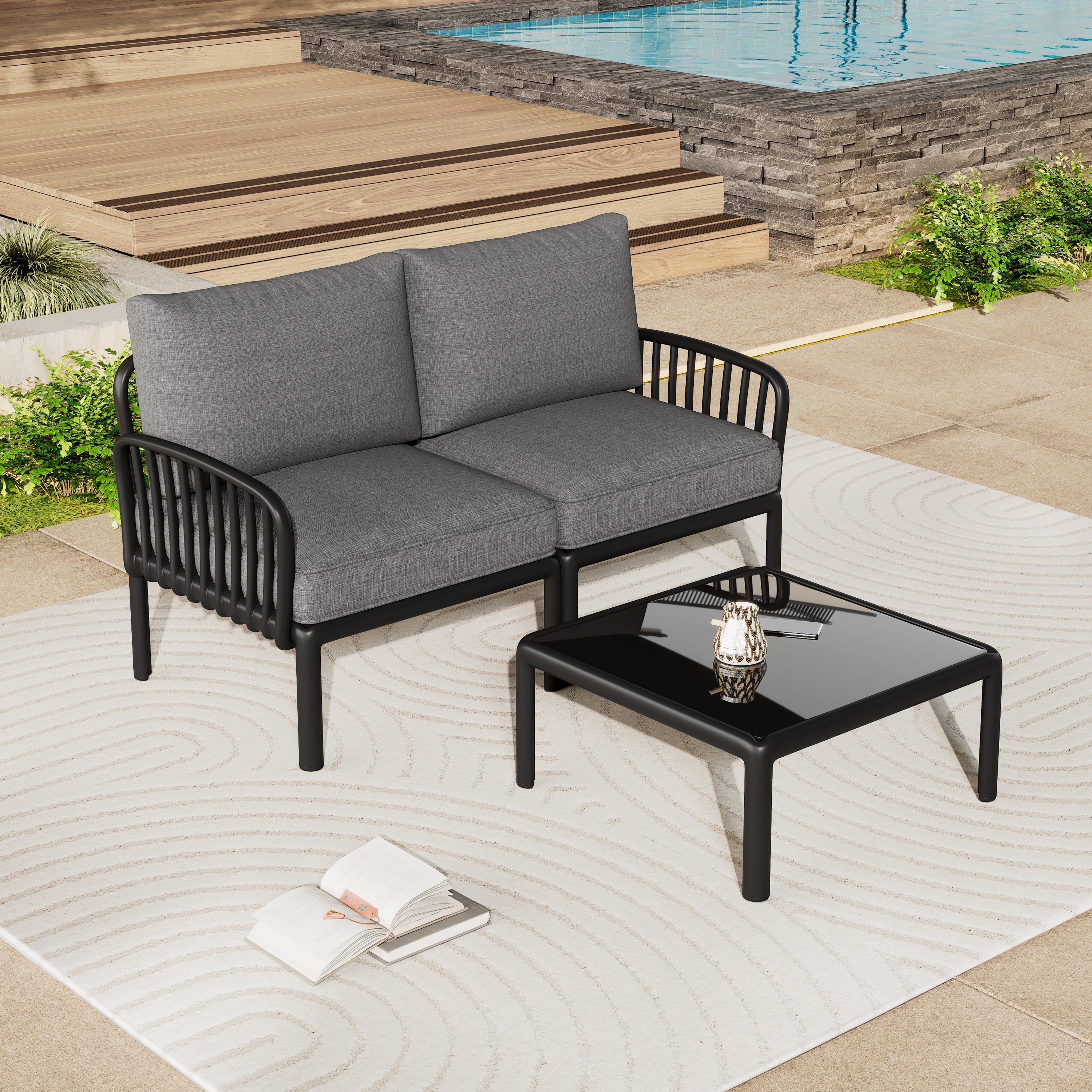 3 Piece Patio Conversation Sets, Modern Outdoor Patio Sectional Furniture Set with Square Coffee Table