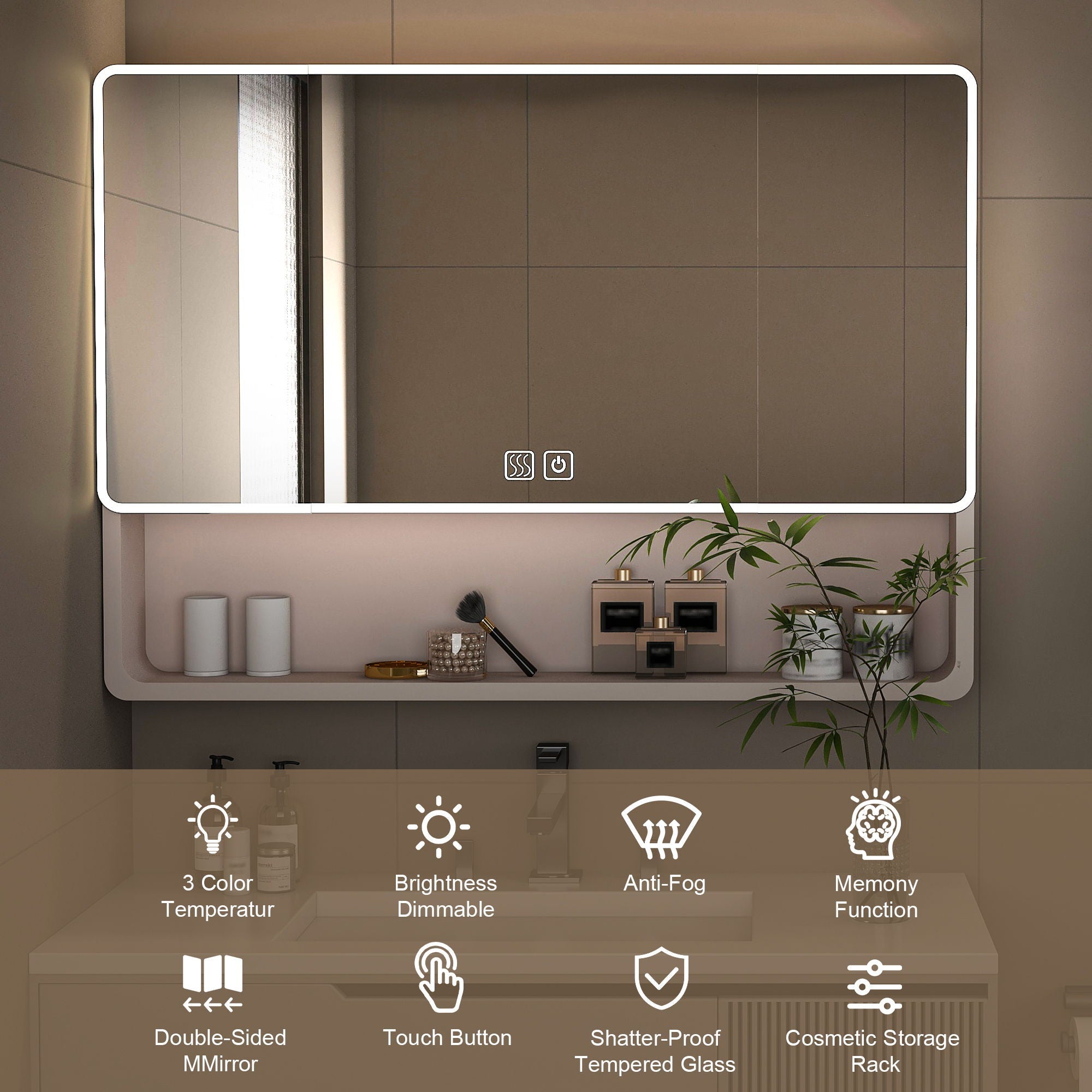 Aluminium Medicine Cabinet Mirror, With 3 Colors LED Light And Defogging Function - Khaki