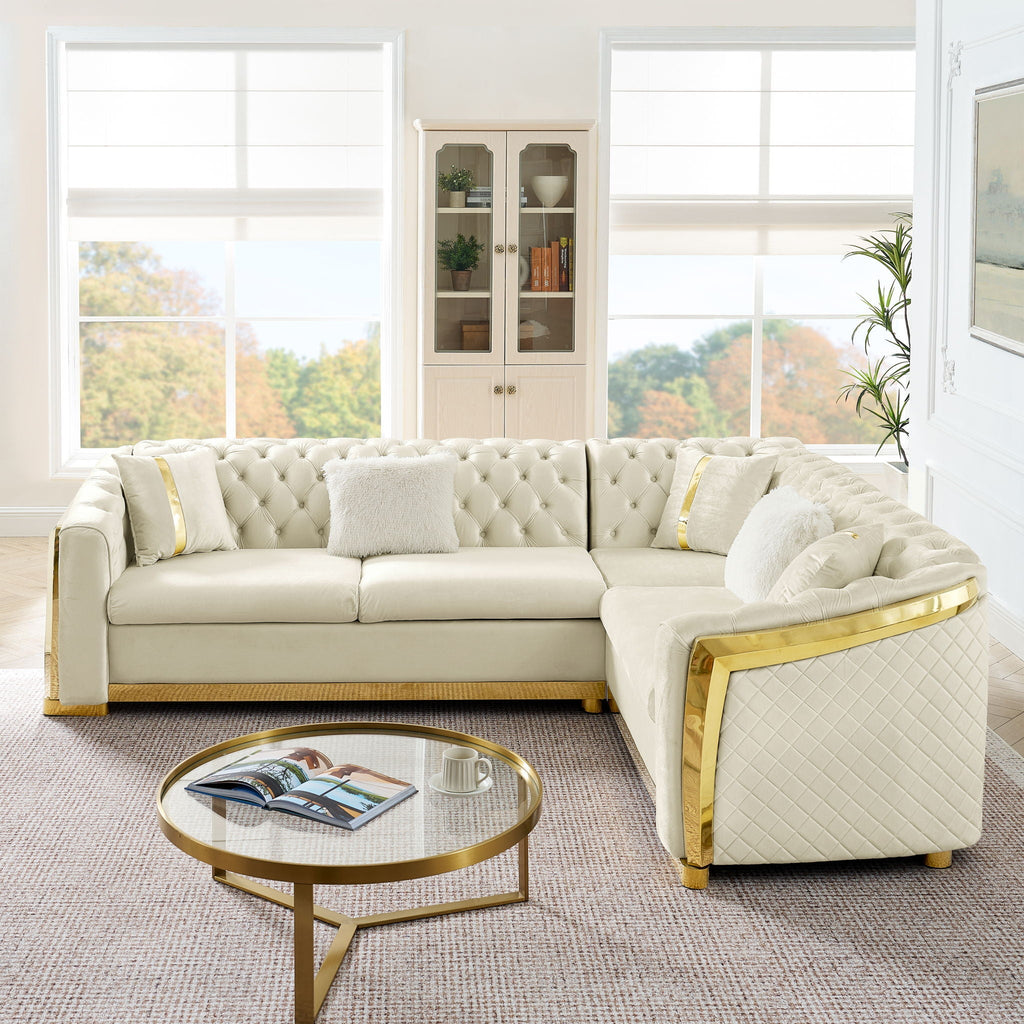 L Shaped Chesterfield Sectional Sofa With Stainless Steel Accents