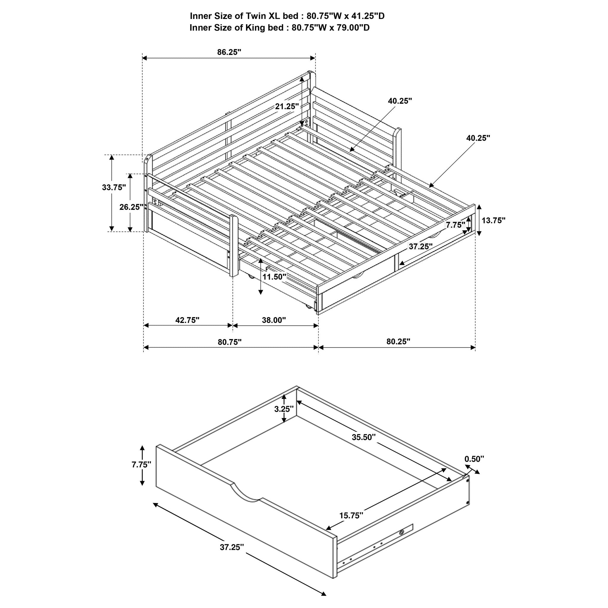 Twin Long 2 Drawer Daybed With Extendable Trundle, Storage Drawers, Fits Standard Mattress - Gray