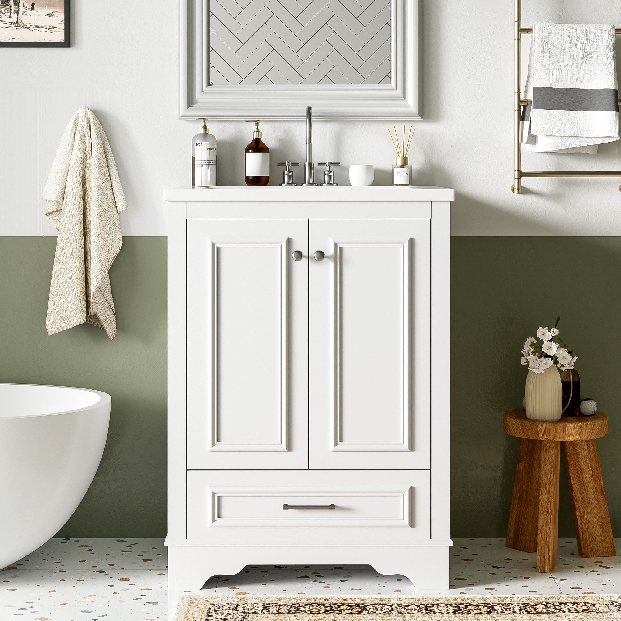 Bathroom Vanity With Ceramic Sink Combo, Modern Freestanding Storage Cabinet With Silver Handles