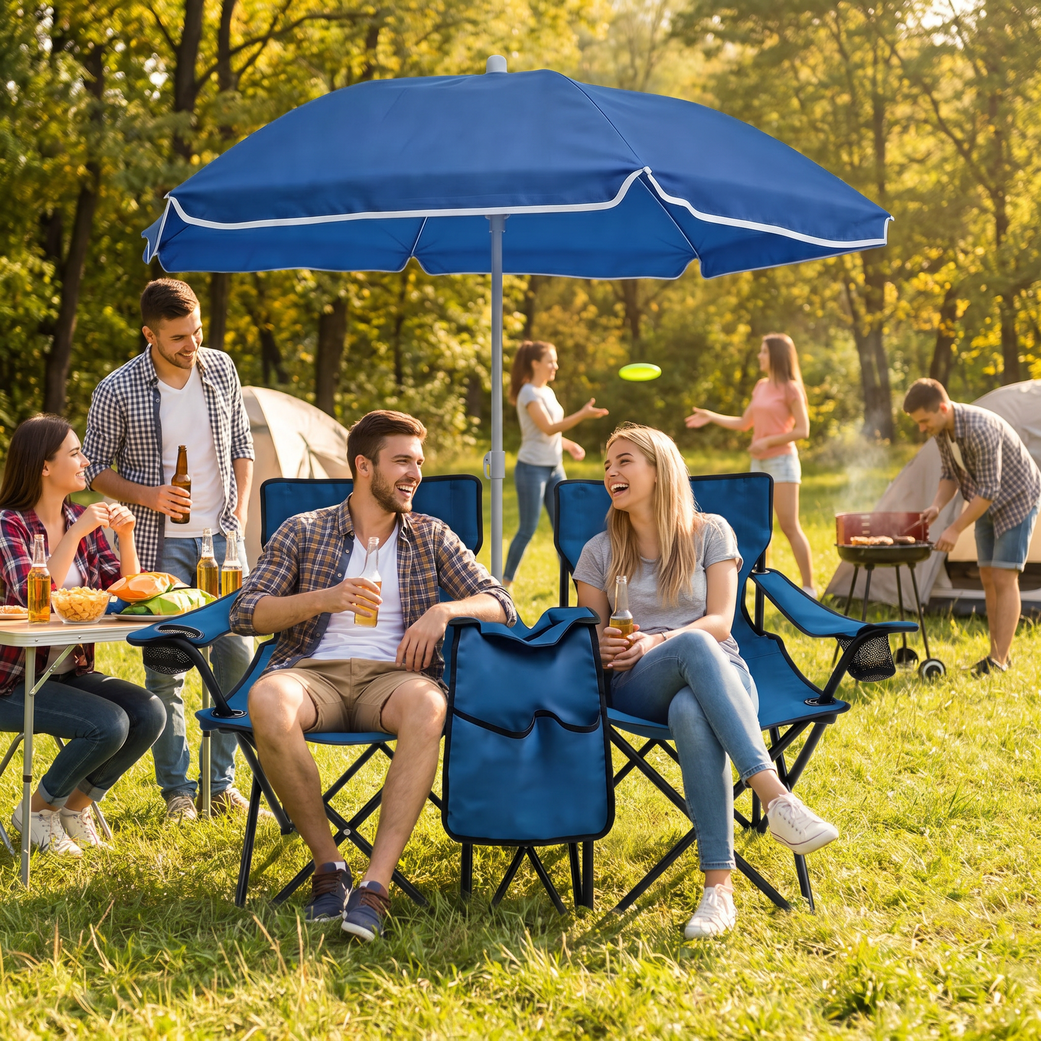 Portable Double Folding Beach Chair Set with Umbrella, 2-Person Outdoor Camping Chair with Cup Holders, Foldable Patio Chair for Picnic, Backyard, Travel