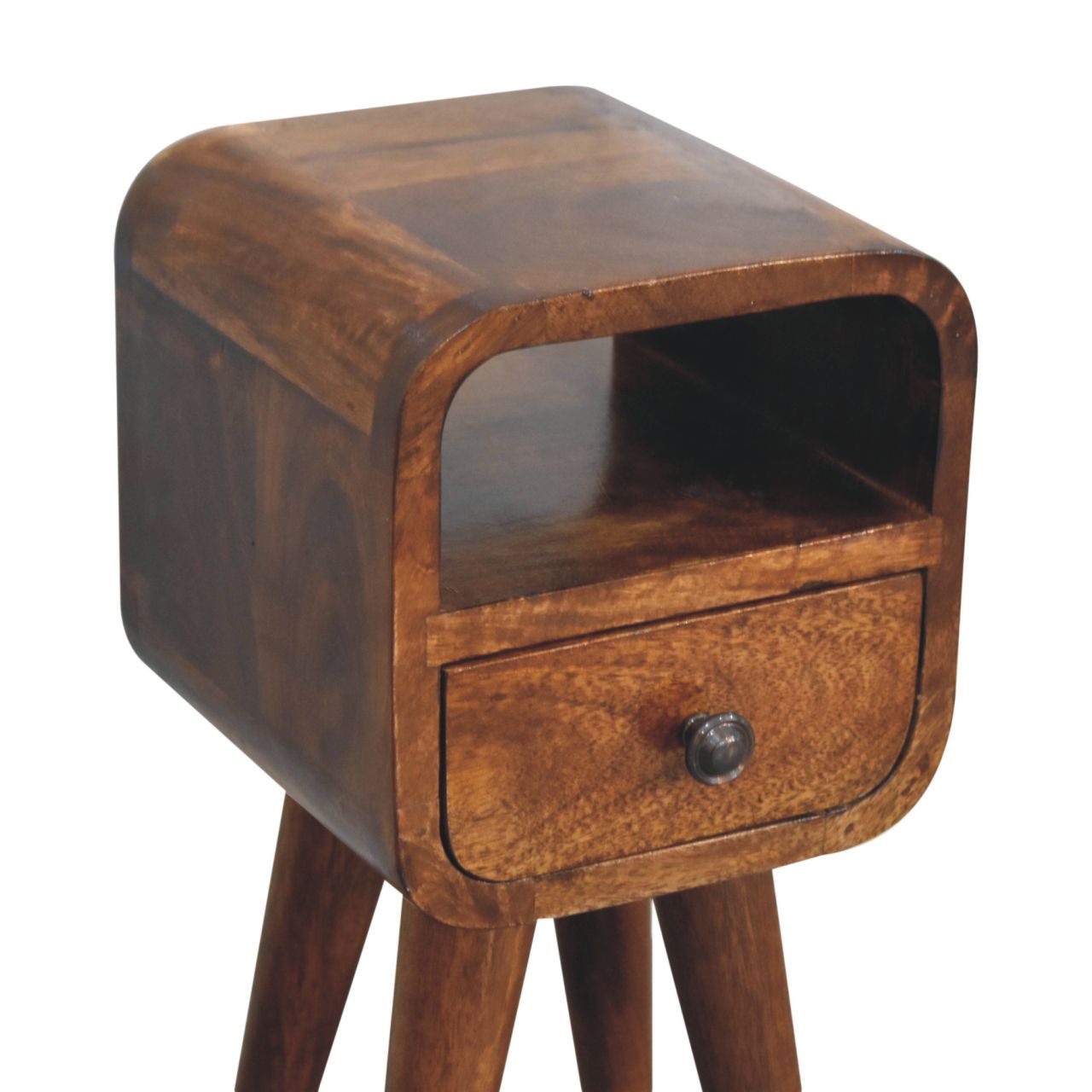 Solid Wood Extra Mini Curve Bedside, 1-Drawer, 1 Open-Slot, Chestnut