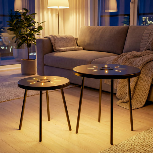 2-Pack Solar Powered Side Table with LED Light, Outdoor/Indoor Nesting Round End Table Set