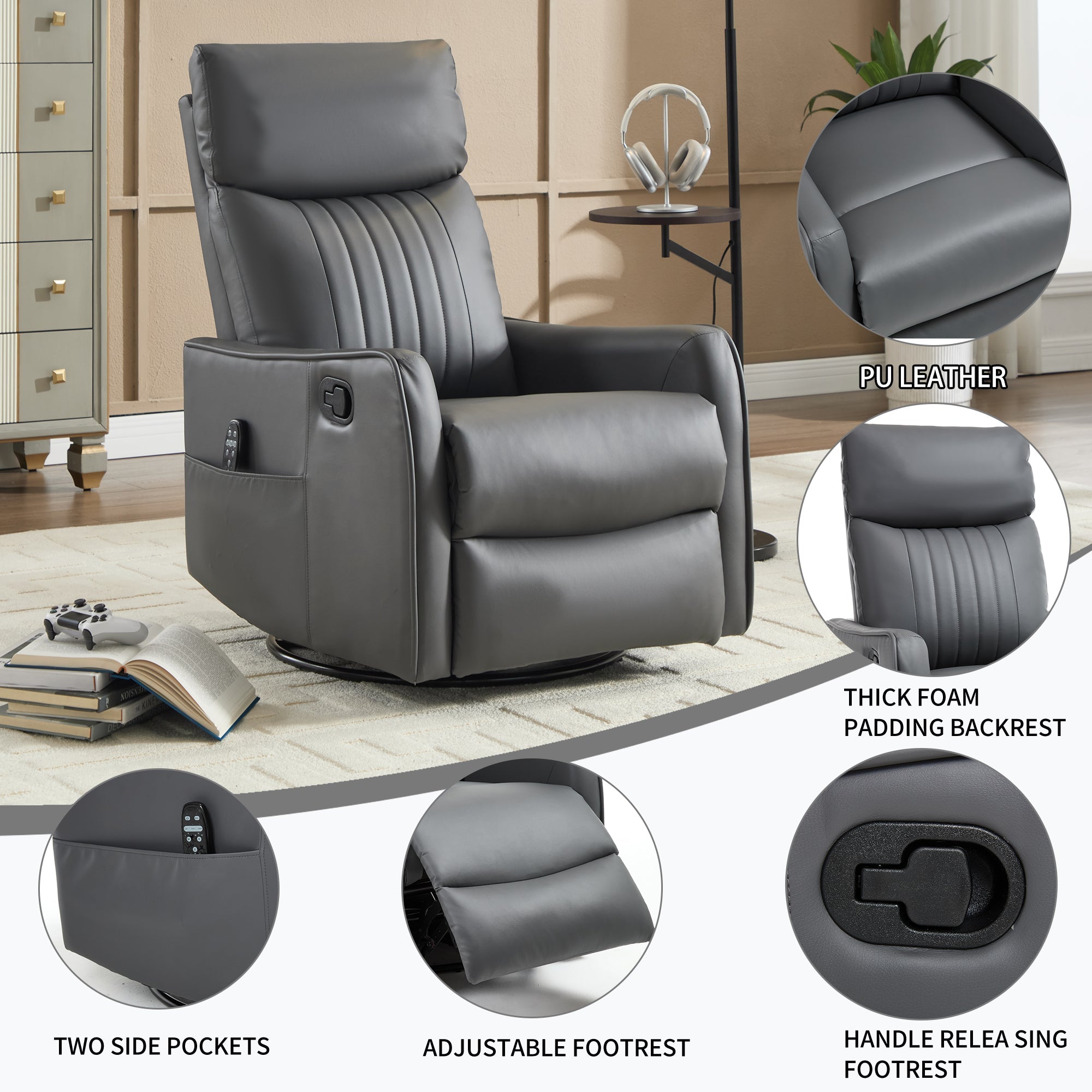 Grey Faux Leather Heat Massage Manual Recliner Chair with Rocker and Swivel