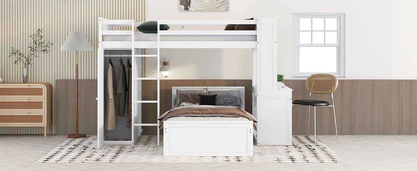 Loft Bed With A Stand Alone Bed, Shelves, Desk, And Wardrobe