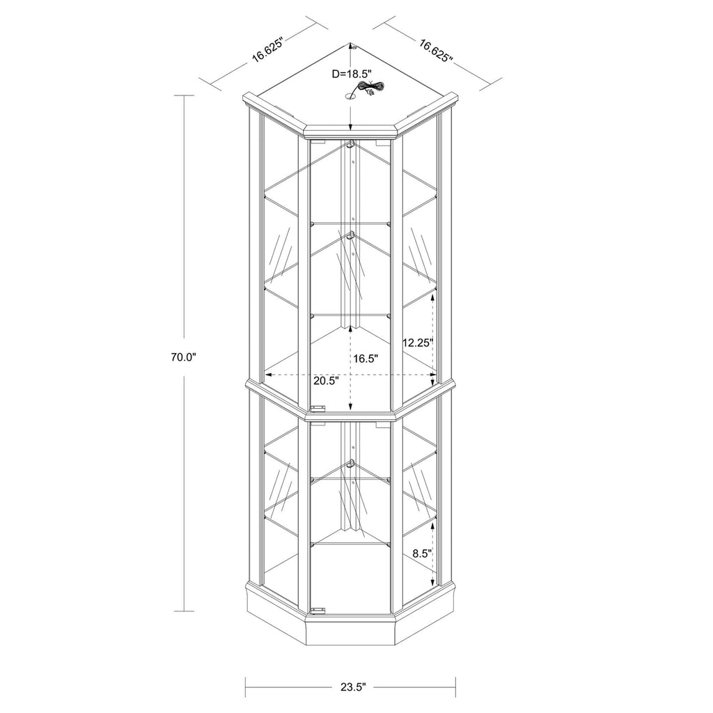 6 Shelf Lighted Corner Curio Cabinet With Adjustable Tempered Glass Shelves And Mirror Back (E26 Light Bulb Not Included)