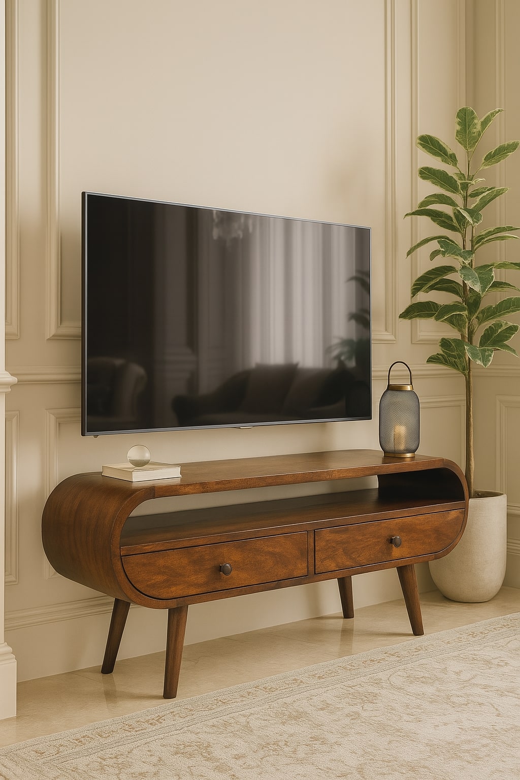 Chestnut Circular TV Stand, 2-Drawers, Open Slot, Nordic Legs