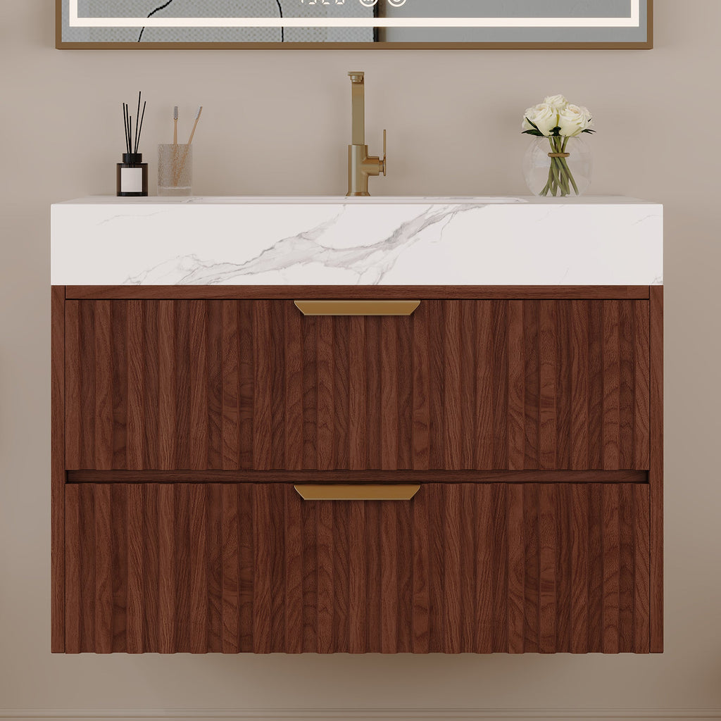 30" Modern Floating Bathroom Vanity with Seamless Sintered Stone Top & Ceramic Basin – 2 Soft-Close Drawers, Wall-Mounted