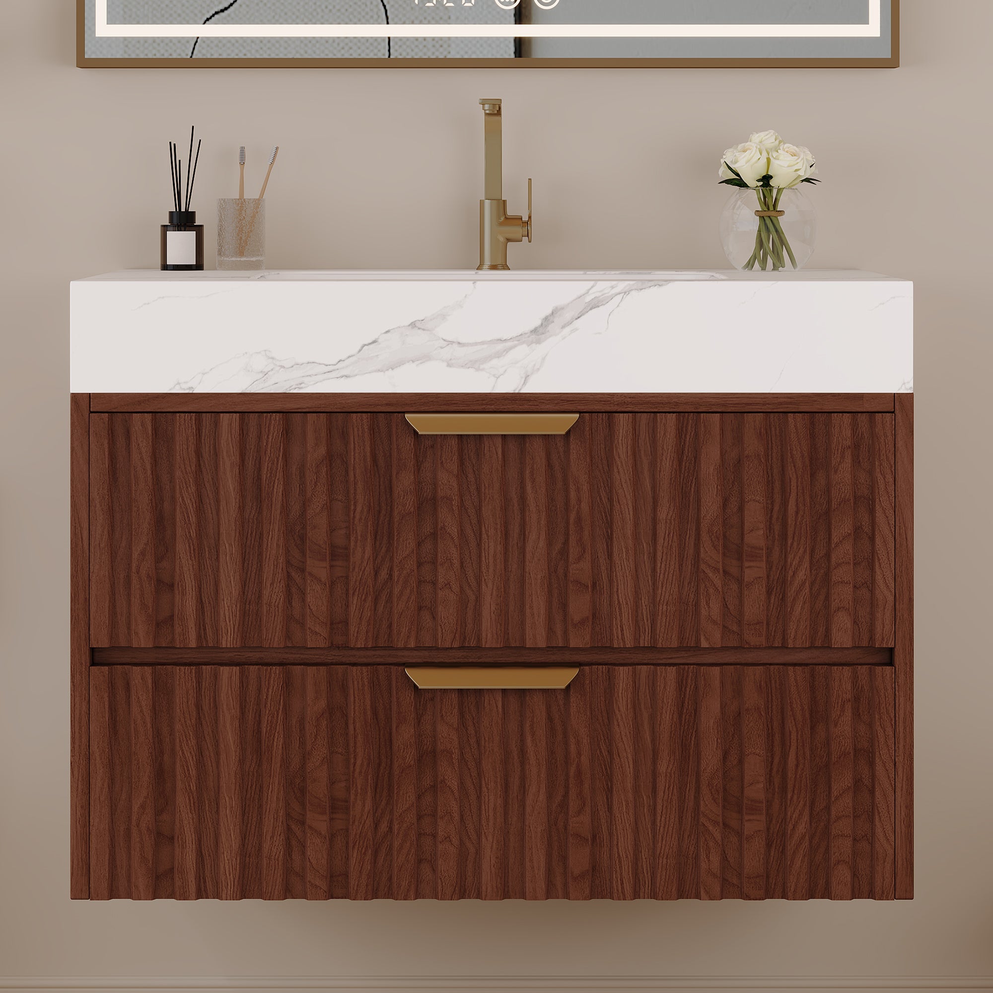 30" Modern Floating Bathroom Vanity with Seamless Sintered Stone Top & Ceramic Basin – 2 Soft-Close Drawers, Wall-Mounted