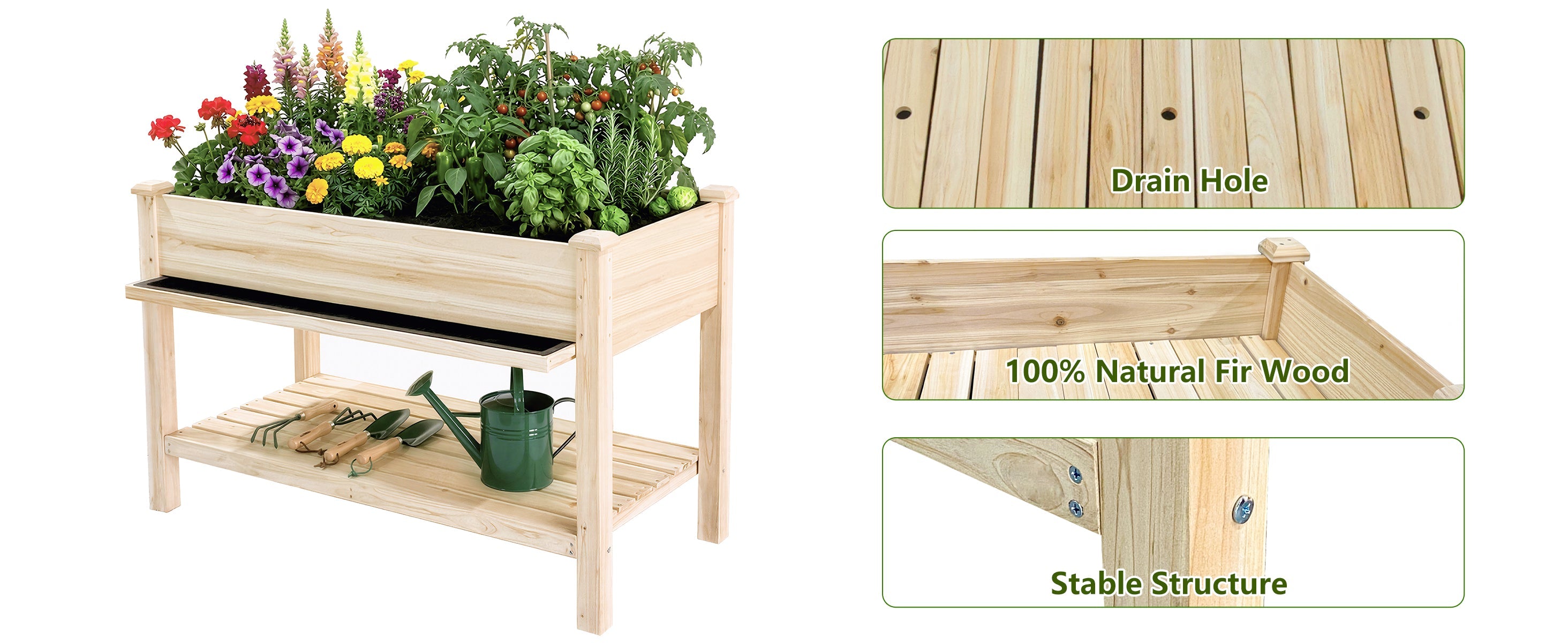 Raised Garden Bed with Water Collection Tray and Storage Shelf