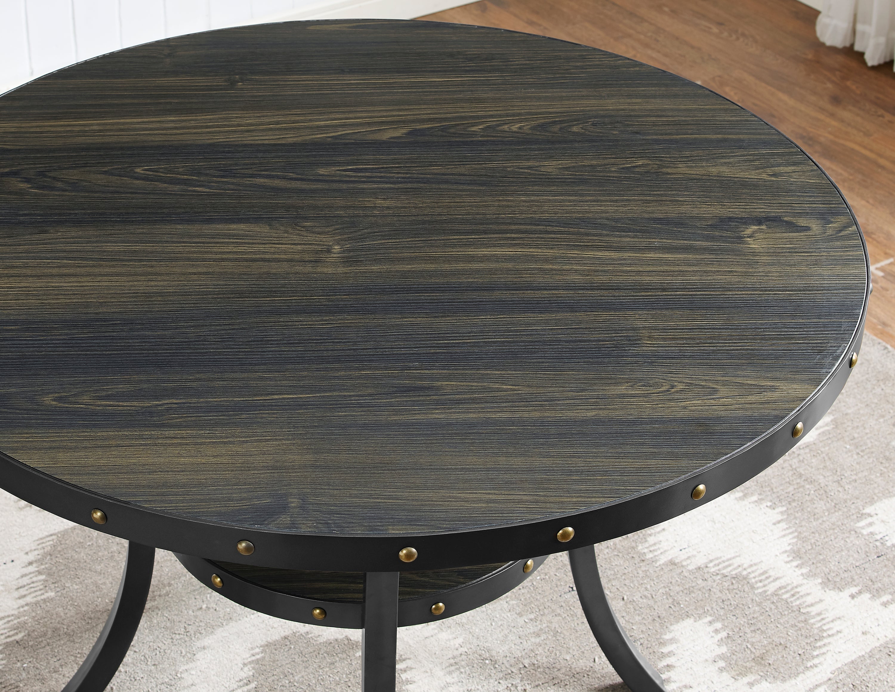 Biony Espresso Wood Dining Set with Tan Fabric Nailhead Chairs