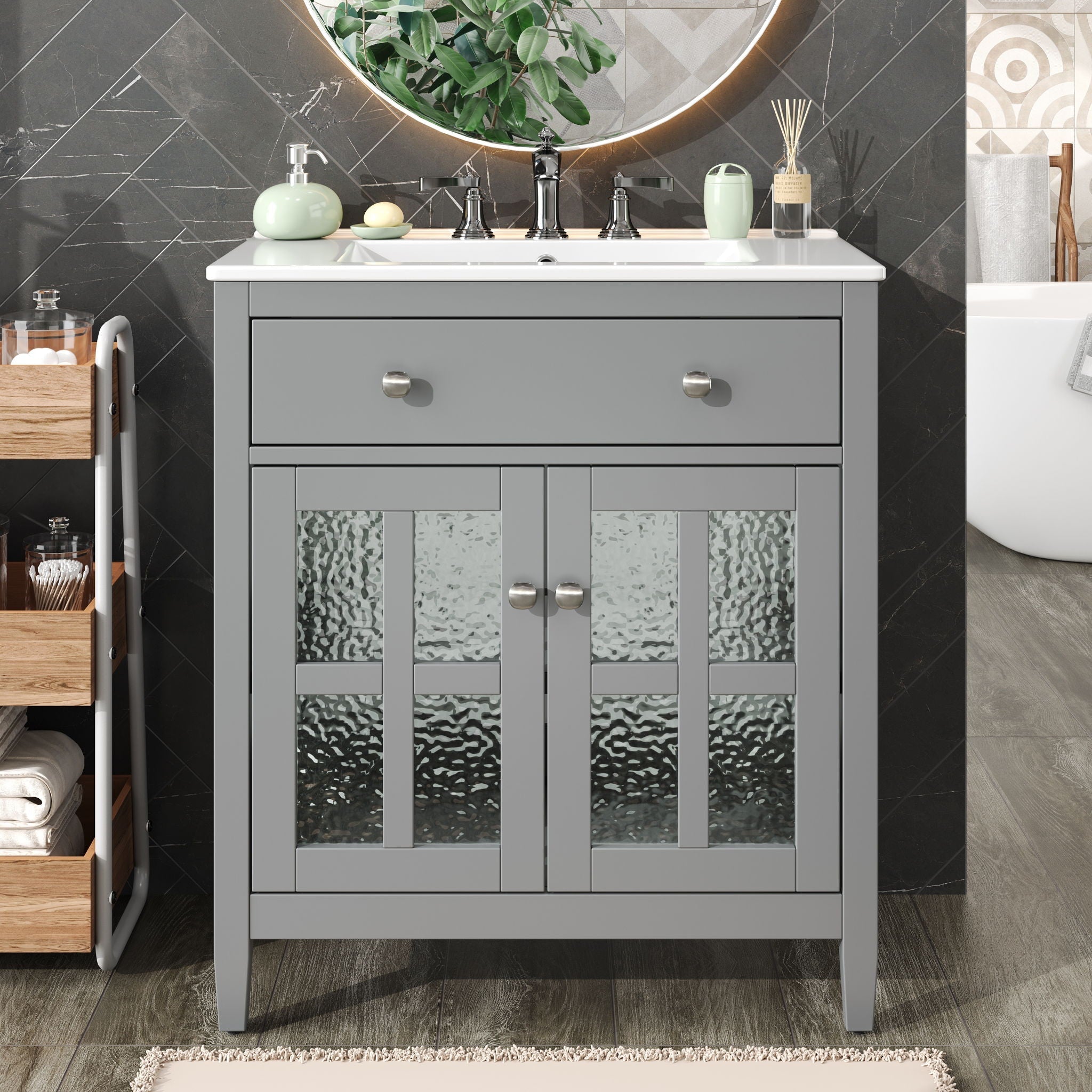 Bathroom Vanity With Ceramic Sink, Adjustable Shelf & Tip Out Tray