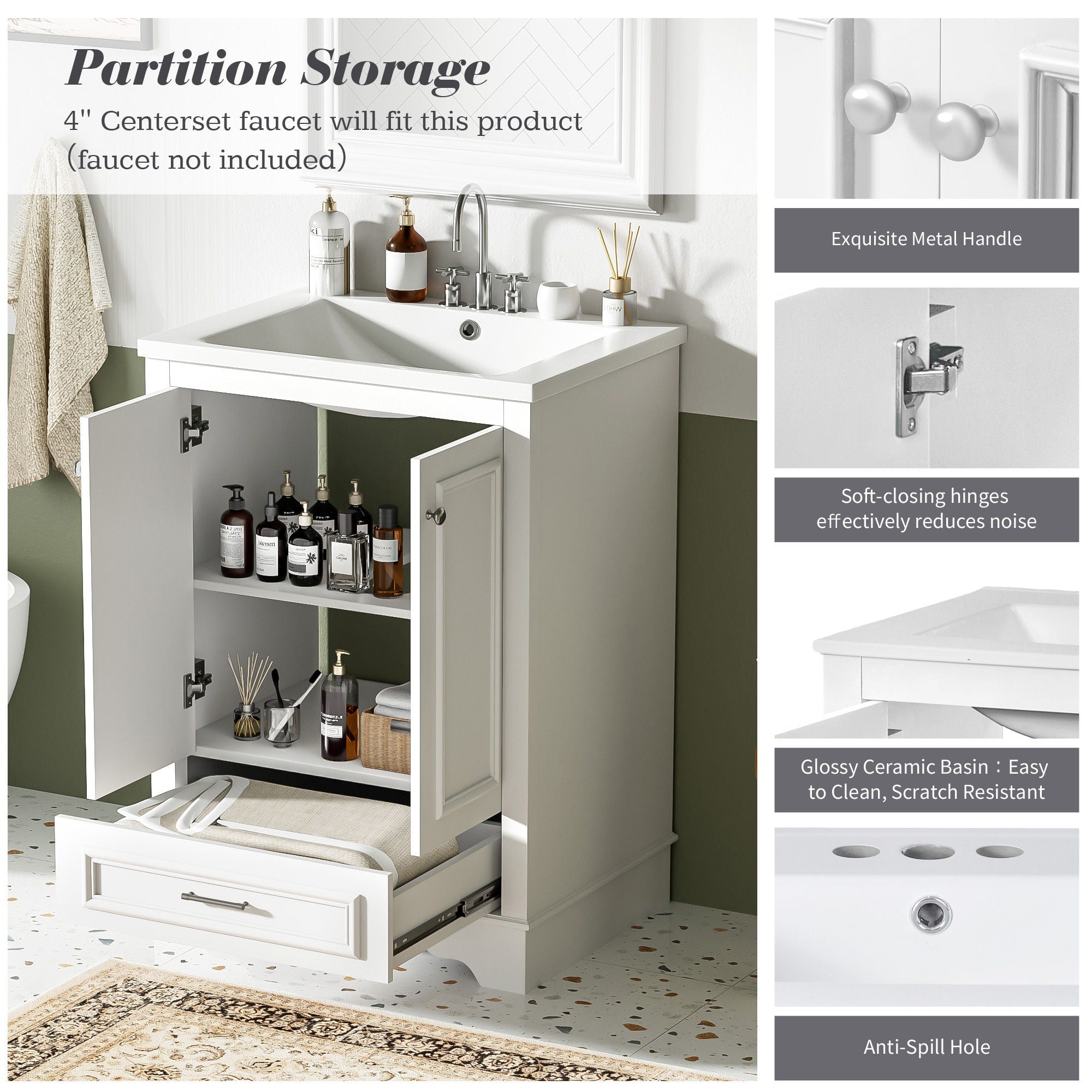 Bathroom Vanity With Ceramic Sink Combo, Modern Freestanding Storage Cabinet With Silver Handles