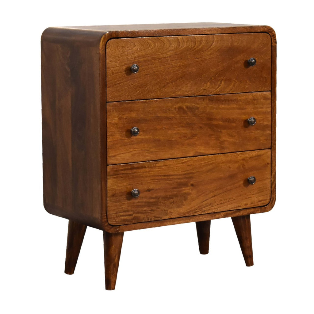 Solid Wood Mini Curved Chestnut Chest, 3-Drawer, Nordic Legs