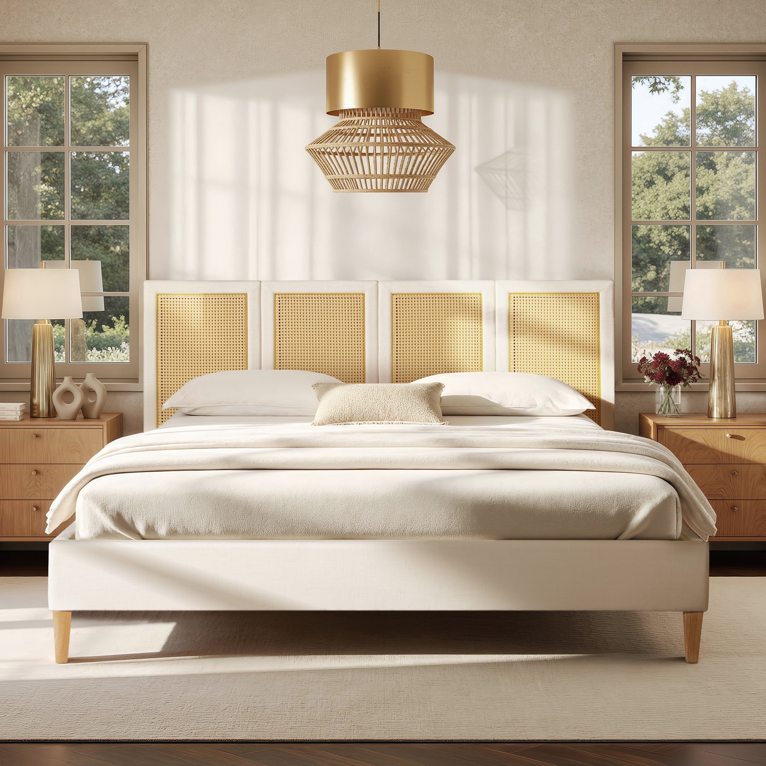 Toscana King Upholstered Cane Back Platform Bed, Antique