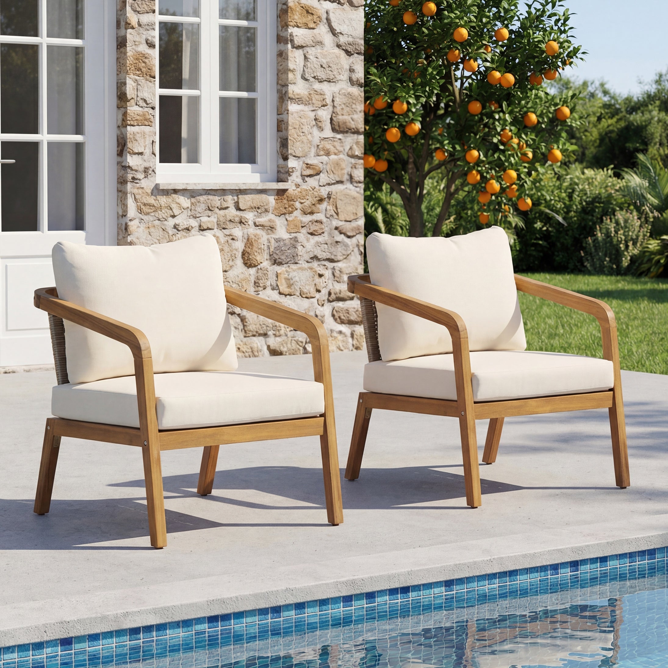 Acacia Wood Outdoor Patio Club Chair with PE Wicker Backrest & Cushions (Set of 2)