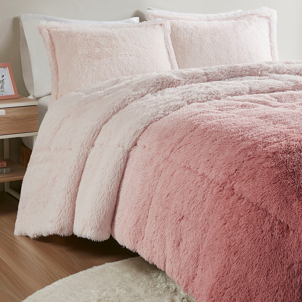 Full/Queen Ombre Shaggy Long Fur Comforter Mini Set