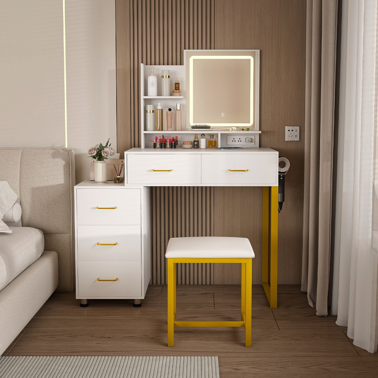 Elegant Makeup Vanity With Led Lights & Power Outlet - White