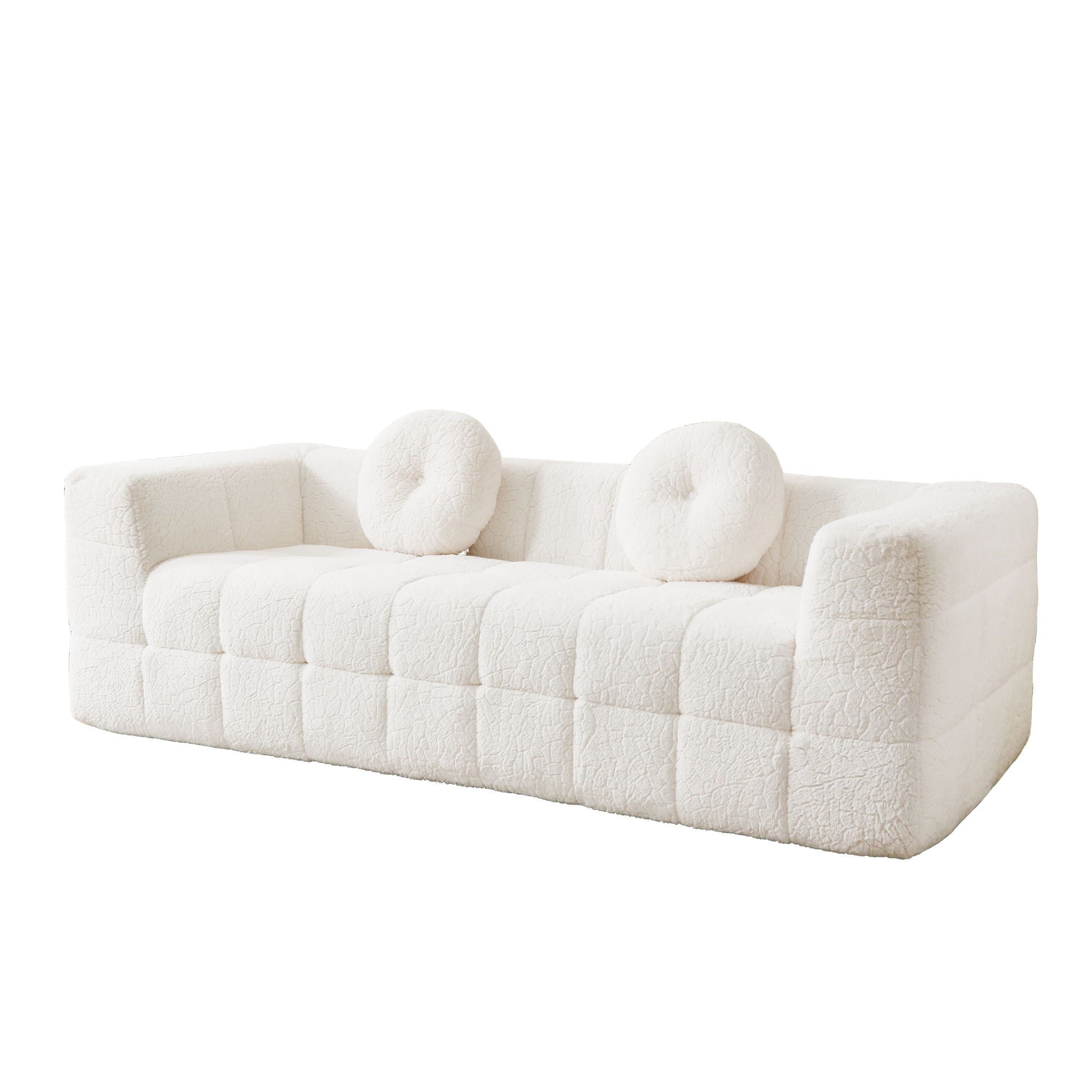 Boneless 3 Seater Sofa With Circular Throw Pillows - Beige