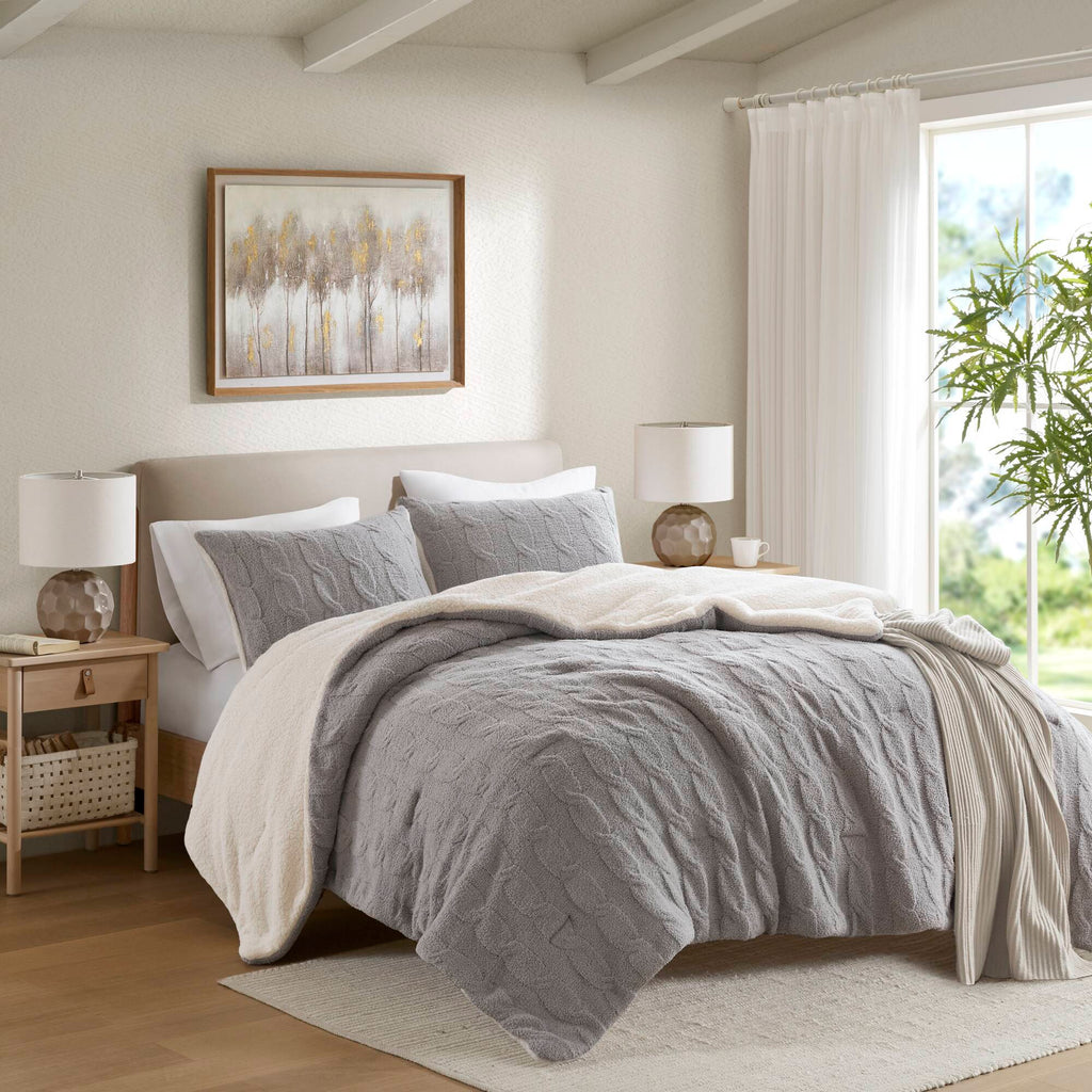 3 Pieces Full/Queen Cable Knit Chenille Comforter Set Gray