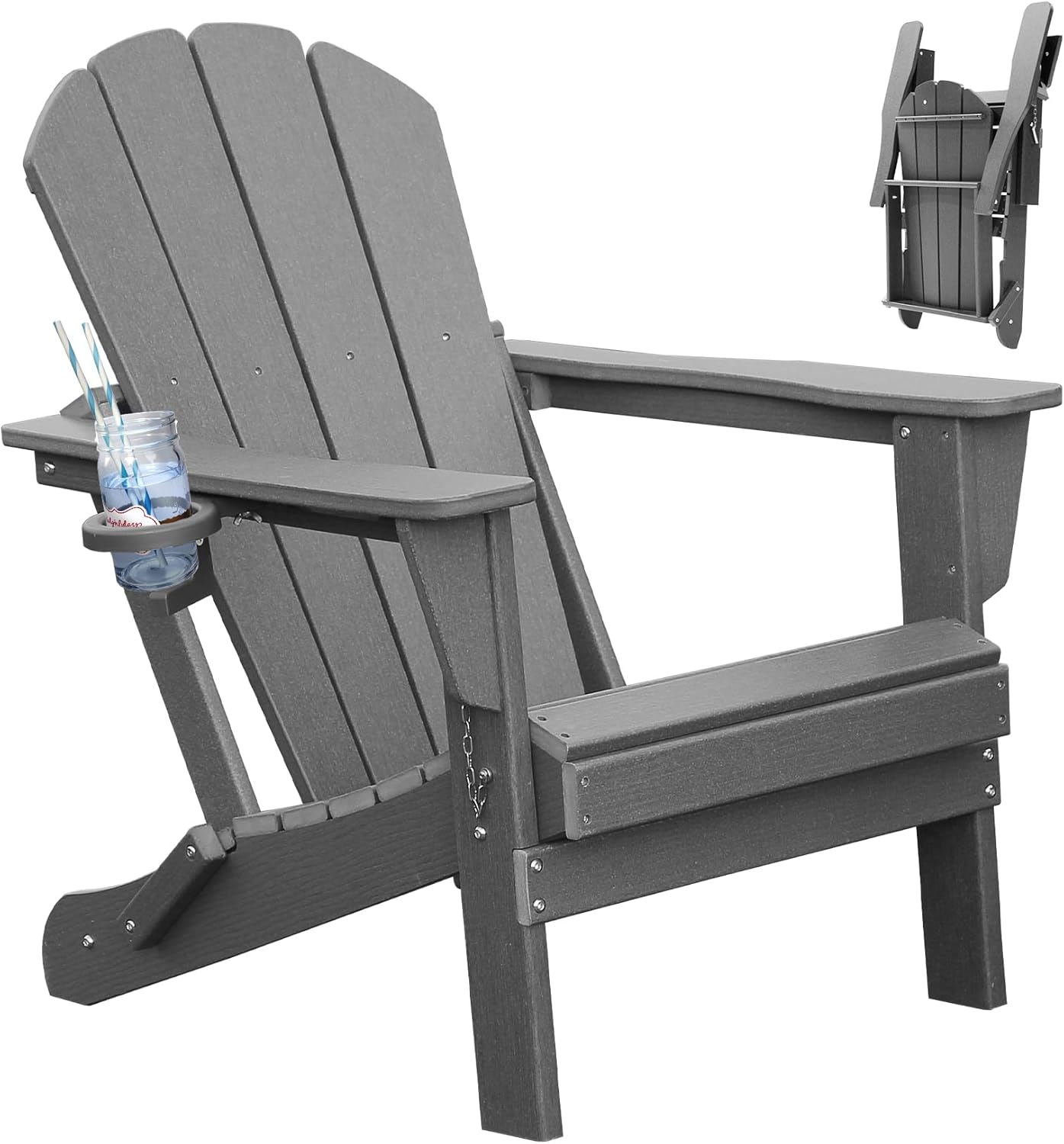 Adirondack Chair with Folding Design and Cup Holder - Gray