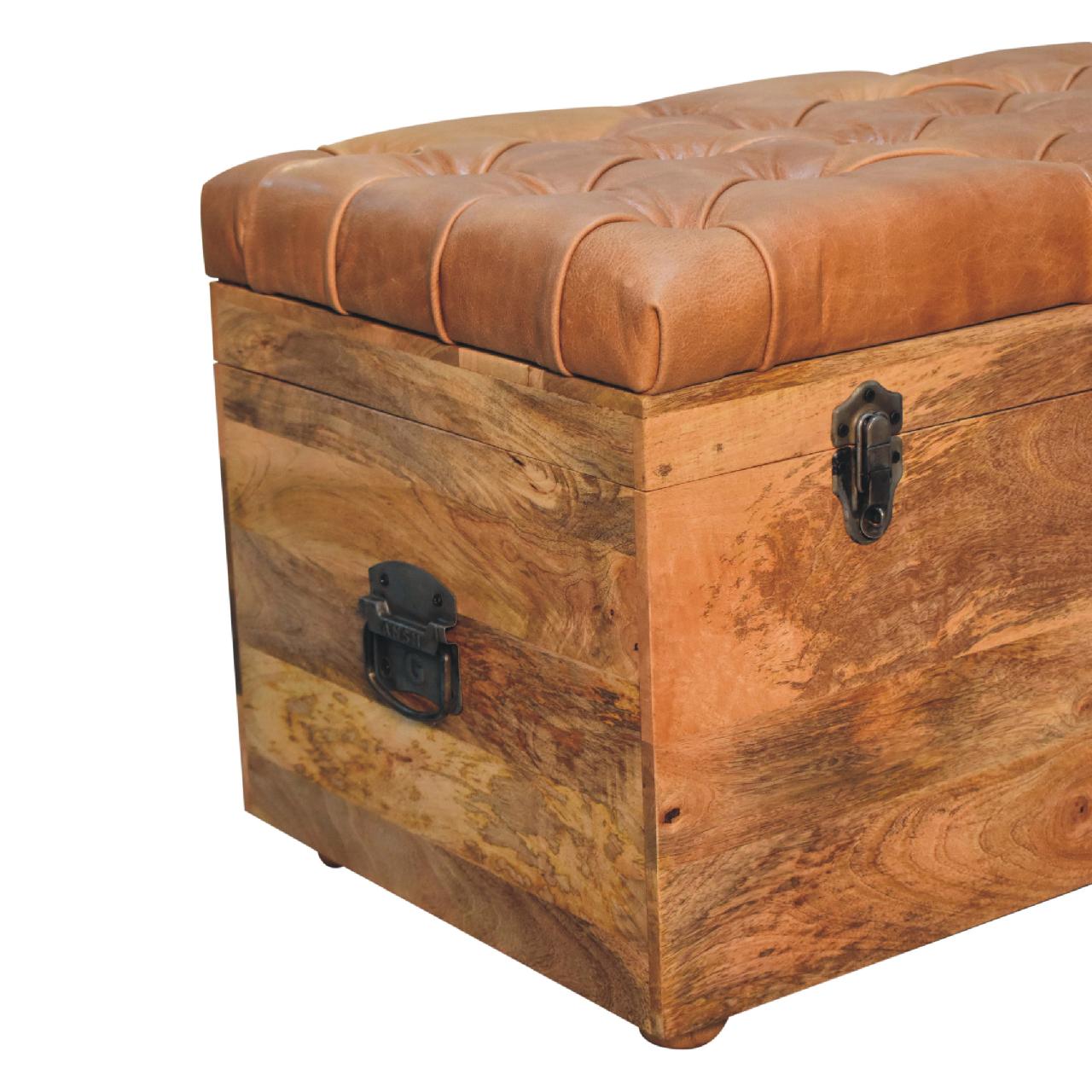 Solid Wood Buffalo Hide Oak-ish Storage Trunk, Leather Upholstered
