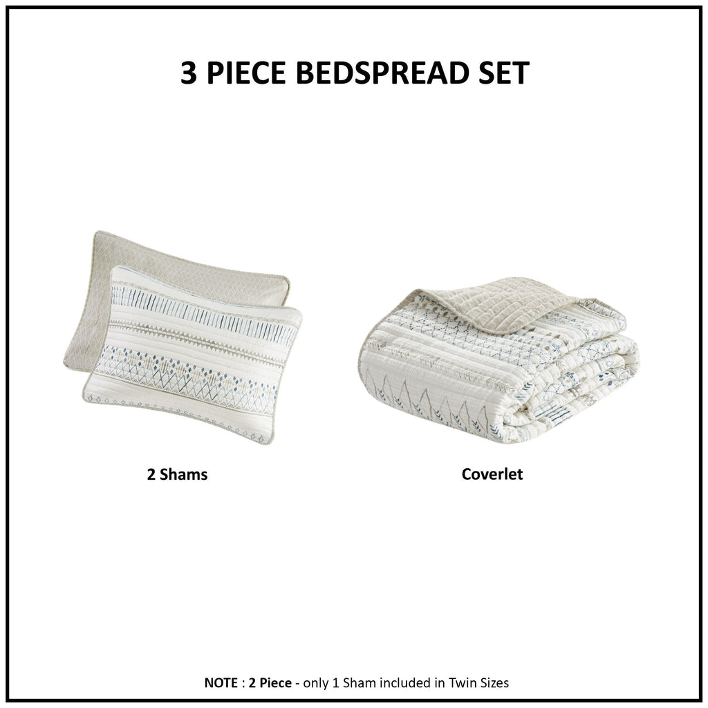 3 Piece Printed Microfiber Seersucker Quilt Set Taupe/Blue Full/Queen