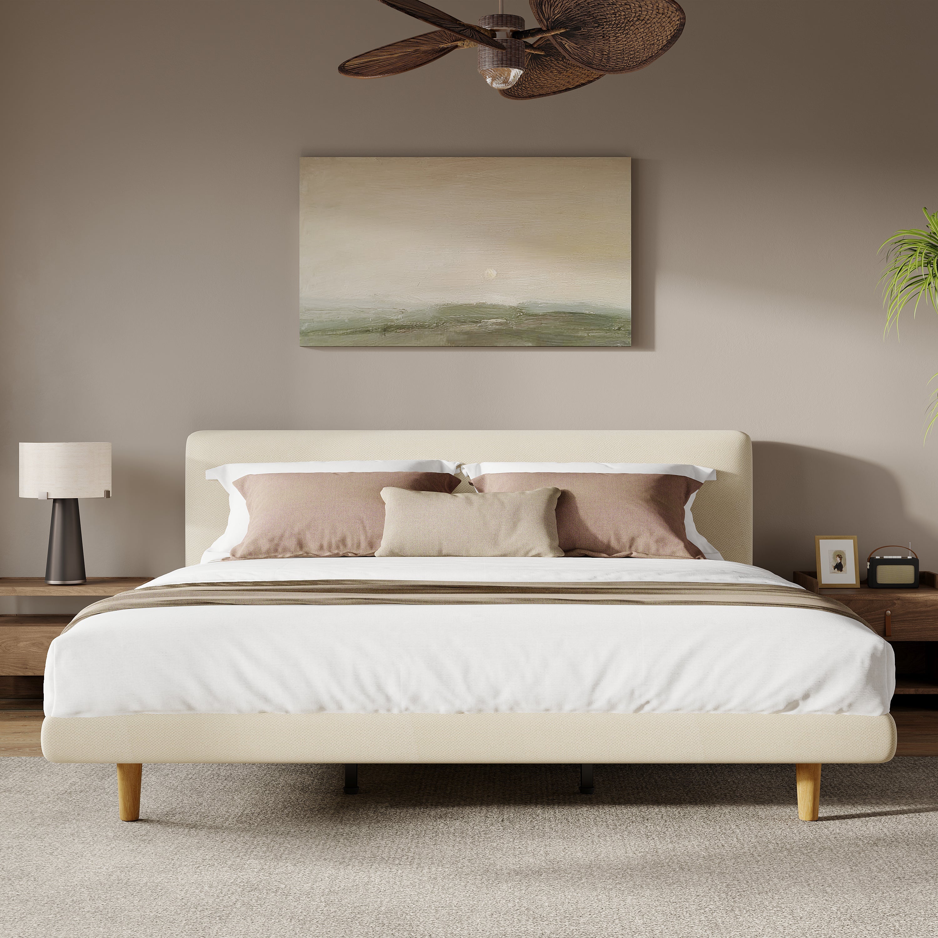 Beige Chunky Headboard Bed Frame with Solid Rubberwood Legs, Cal-King