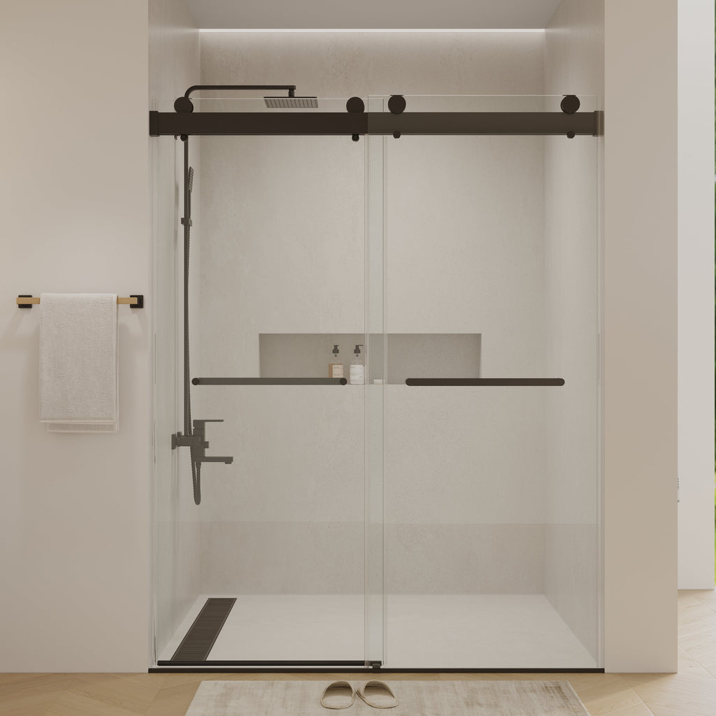 56 to 60 in. W x 76 in. H Double Sliding Frameless Soft-Close Shower Door with Premium 3/8 Inch (10mm) Thick Tampered Glass and Easy-cleaning Coating, Matte