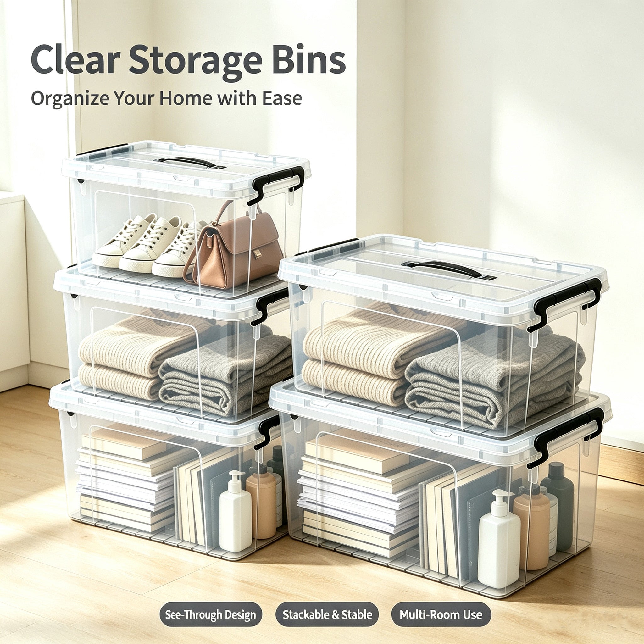 4 Pack 90 QT Plastic Storage Bins with Lids,Clear Stackable Bins with Secure Latches and Handles Heavy-Duty Storage Containers For Home Office and Garage Organization