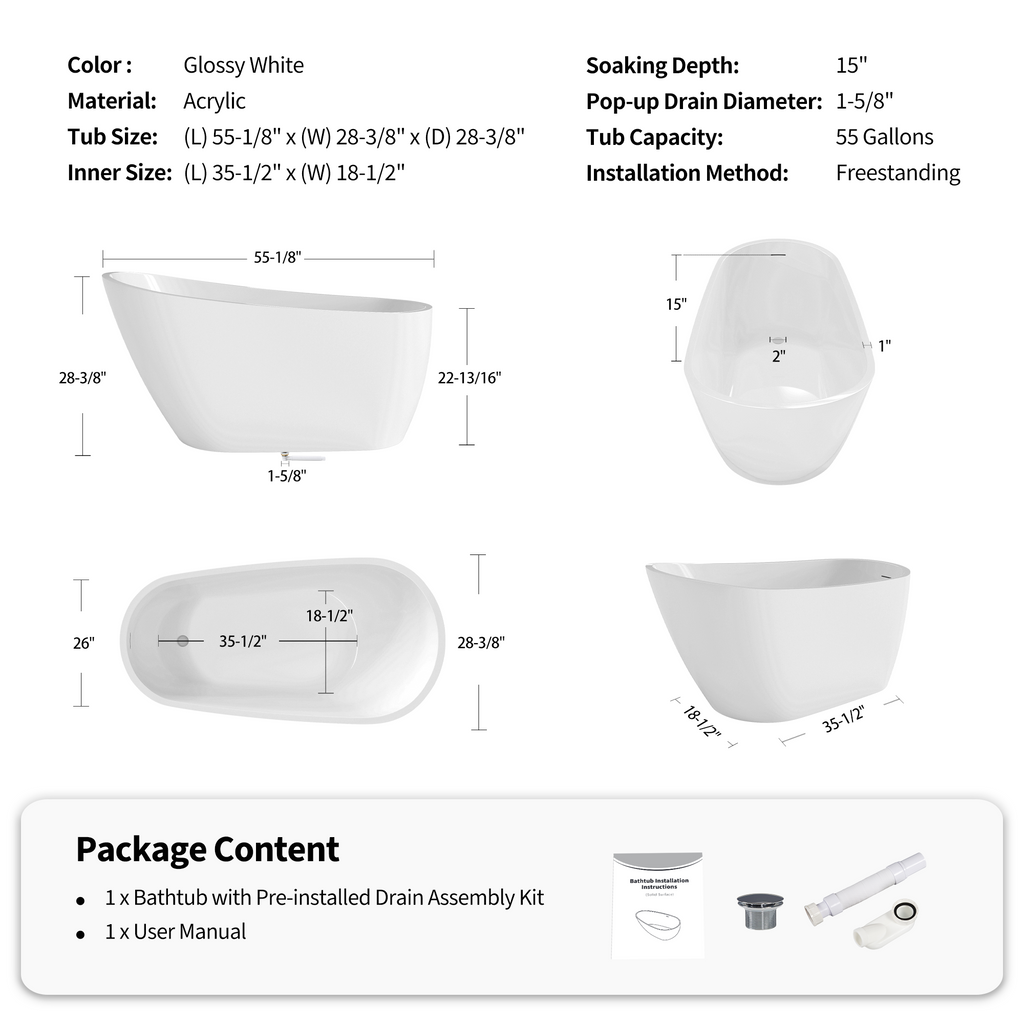 55" Acrylic Freestanding Bathtub